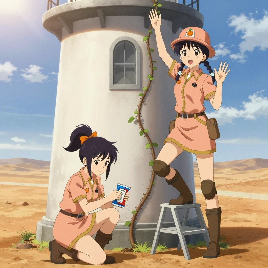 An anime scene showing exactly 2 characters gathered around a literal lighthouse in a dusty desert road stretching to the horizon under a blazing sun. 1. a female anime character with a small build, round face, no facial hair, hair in a high ponytail with a bow, kneeling with a packet, applying fertilizer in careful doses near the lighthouse. 2. a female anime character with a petite build, soft features, no facial hair, hair in twin braids with small flower clips, standing on a step stool, trellising a vine up the side of the lighthouse. All characters wear warm peach and gold engineering team with a scene aesthetic. Each character wears two small lapel pins — one showing a tiny round tangerine with a small dimpled peel texture and one showing a tiny black binder clip with silver arms. Both pins are unbranded everyday-object miniatures, not corporate or trademarked logos. One character wears a top hat. One character has knee pads with built-in tool pouches. Each character has a distinct pose tied to their task. No character waves at the camera. No character faces the viewer directly. No two characters share the same pose. The team is cultivating the lighthouse. Exactly 2 characters total in this scene — no more, no fewer. No male character wears a skirt, kilt, or apron over pants or formal shirts. NO TEXT anywhere in this image — no speech bubbles, no word bubbles, no labels, no signs, no writing of any kind. Anime style, vibrant colors, clean composition, cinematic lighting.