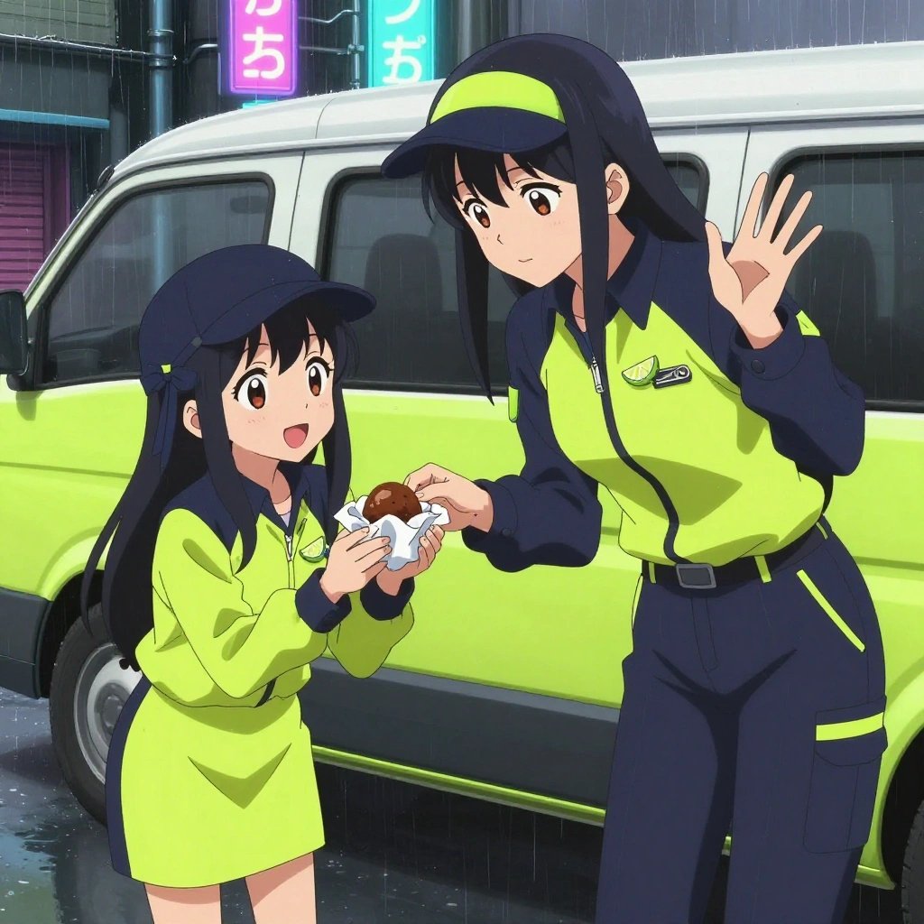 An anime scene showing exactly 2 characters gathered around a literal mobile repair van converted from a delivery van in a rain-soaked city alley with neon signs reflecting in puddles. 1. a female anime character with a petite build, expressive eyes, no facial hair, long straight hair with a ribbon headband, taller of the two nearby teammates, leaning down slightly to hand a small paper-wrapped sweet treat to the smaller teammate with a thoughtful expression, both smiling softly at the exchange. 2. a female anime character with a smaller build, cute face, no facial hair, long hair with a ribbon tied at the end, smaller of the two nearby teammates, accepting the small paper-wrapped sweet treat in both palms with delight, holding the wrapped treat close to chest with a small happy smile. All characters wear charcoal and neon yellow maintenance crew with a blue aesthetic. Each character wears two small lapel pins — one showing a tiny lime wedge showing the green rind and pale flesh and one showing a tiny silver safety pin closed into a loop. Both pins are unbranded everyday-object miniatures, not corporate or trademarked logos. One character wears a flat cap. One character has fingertip caps for precision work. Each character has a distinct pose tied to their task. No character waves at the camera. No character faces the viewer directly. No two characters share the same pose. The team is teaching the mobile repair van converted from a delivery van. Exactly 2 characters total in this scene — no more, no fewer. No male character wears a skirt, kilt, or apron over pants or formal shirts. NO TEXT anywhere in this image — no speech bubbles, no word bubbles, no labels, no signs, no writing of any kind. Anime style, vibrant colors, clean composition, cinematic lighting.