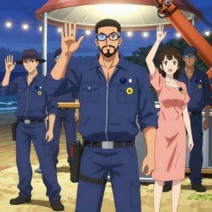 Exactly 1 characters in this scene. No people in background. No extras. No second figure. Count and anatomy must hold. An anime scene showing exactly 1 characters gathered around a literal hydroplant in a beachside boardwalk at twilight with string lights and warm sand. 1. a male anime character with a stocky, strong build, short undercut hair, full beard, wearing a neatly buttoned work jacket with a full zip front and rolled sleeves, a utility belt with a small battery pack that connects to his eyeglasses, flat chest with no breasts, standing under a brightly lit canopy, operating a crane beside the hydroplant. All characters wear soft blue and peach technical repair team with a emo aesthetic. Each character wears two small lapel pins — one showing a tiny dark blue blueberry with a slight dusty bloom and one showing a tiny yellow tape measure coiled into a small circle. Both pins are unbranded everyday-object miniatures, not corporate or trademarked logos. One character wears a fedora. One character has signal reflector patch on the shoulder. Each character has a distinct pose tied to their task. No character waves at the camera. No character faces the viewer directly. No two characters share the same pose. The team is operating the hydroplant. Exactly 1 characters total in this scene — no more, no fewer. No male character wears a skirt, kilt, or apron over pants or formal shirts. Every character has exactly 2 arms, 2 hands, 5 fingers per hand, 2 legs, 1 head, 1 torso. No extra arms, no missing arms, no extra fingers, no fused or merged characters, no characters sharing limbs, no arms emerging from the wrong character. NO TEXT anywhere in this image — no speech bubbles, no word bubbles, no labels, no signs, no writing of any kind. Anime style, vibrant colors, clean composition, cinematic lighting.