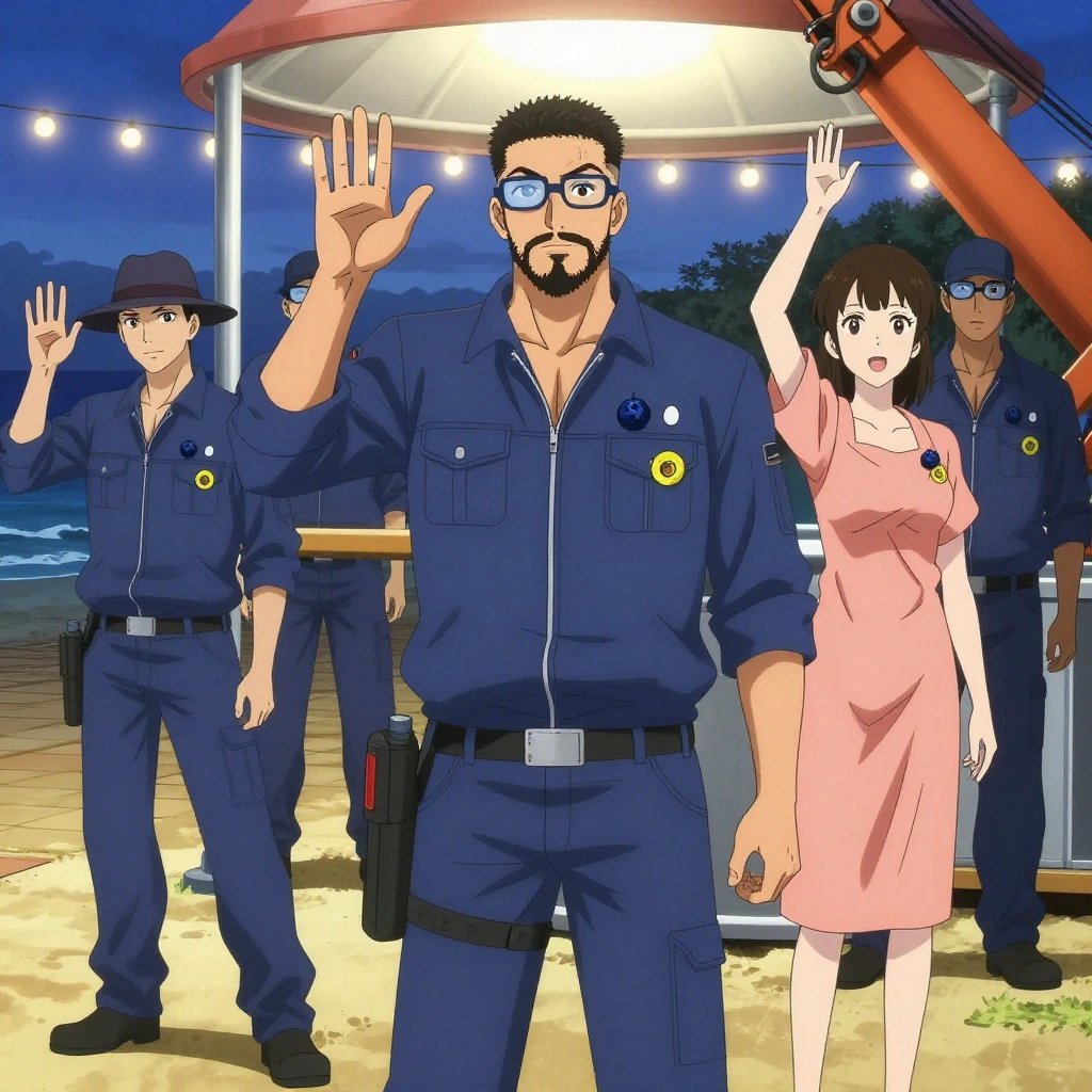 Exactly 1 characters in this scene. No people in background. No extras. No second figure. Count and anatomy must hold. An anime scene showing exactly 1 characters gathered around a literal hydroplant in a beachside boardwalk at twilight with string lights and warm sand. 1. a male anime character with a stocky, strong build, short undercut hair, full beard, wearing a neatly buttoned work jacket with a full zip front and rolled sleeves, a utility belt with a small battery pack that connects to his eyeglasses, flat chest with no breasts, standing under a brightly lit canopy, operating a crane beside the hydroplant. All characters wear soft blue and peach technical repair team with a emo aesthetic. Each character wears two small lapel pins — one showing a tiny dark blue blueberry with a slight dusty bloom and one showing a tiny yellow tape measure coiled into a small circle. Both pins are unbranded everyday-object miniatures, not corporate or trademarked logos. One character wears a fedora. One character has signal reflector patch on the shoulder. Each character has a distinct pose tied to their task. No character waves at the camera. No character faces the viewer directly. No two characters share the same pose. The team is operating the hydroplant. Exactly 1 characters total in this scene — no more, no fewer. No male character wears a skirt, kilt, or apron over pants or formal shirts. Every character has exactly 2 arms, 2 hands, 5 fingers per hand, 2 legs, 1 head, 1 torso. No extra arms, no missing arms, no extra fingers, no fused or merged characters, no characters sharing limbs, no arms emerging from the wrong character. NO TEXT anywhere in this image — no speech bubbles, no word bubbles, no labels, no signs, no writing of any kind. Anime style, vibrant colors, clean composition, cinematic lighting.