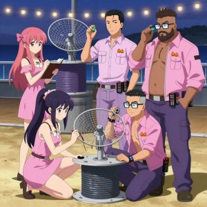 An anime scene showing exactly 4 characters gathered around a literal cable spool and mesh antenna array in a beachside boardwalk at twilight with string lights and warm sand. 1. a female anime character with a petite build, cute face, no facial hair, long hair with a bow hair accessory, stepping back with a notebook, logging a fresh measurement of the cable spool and mesh antenna array. 2. a female anime character with a slender build, youthful face, no facial hair, side ponytail with a ribbon, kneeling to verify the cable spool and mesh antenna array's base dimensions with a precision tool. 3. a male anime character with a fit, medium build, short slicked-back hair, light mustache, wearing a neatly buttoned work polo with a collared neck and buttoned cuffs, a utility belt with a small battery pack that connects to his eyeglasses, flat chest with no breasts, holding a calibrated instrument up to the cable spool and mesh antenna array, eyes on the readout. 4. a male anime character with a stocky, strong build, short undercut hair, full beard, wearing a neatly buttoned work jacket with a full zip front and rolled sleeves, a utility belt with a small battery pack that connects to his eyeglasses, flat chest with no breasts, twisting a dial on a sensor clipped to the cable spool and mesh antenna array, watching for the target value. All characters wear pastel pink and lavender engineering team with a sci-fi aesthetic. Each character wears two small lapel pins — one showing a tiny round tangerine with a small dimpled peel texture and one showing a tiny silver paperclip. Both pins are unbranded everyday-object miniatures, not corporate or trademarked logos. One character wears a fedora. One character has magnetic screwdriver wristband. Each character has a distinct pose tied to their task. No character waves at the camera. No character faces the viewer directly. No two characters share the same pose. The team is measuring the cable spool and mesh antenna array. Exactly 4 characters total in this scene — no more, no fewer. No male character wears a skirt, kilt, or apron over pants or formal shirts. NO TEXT anywhere in this image — no speech bubbles, no word bubbles, no labels, no signs, no writing of any kind. Anime style, vibrant colors, clean composition, cinematic lighting.