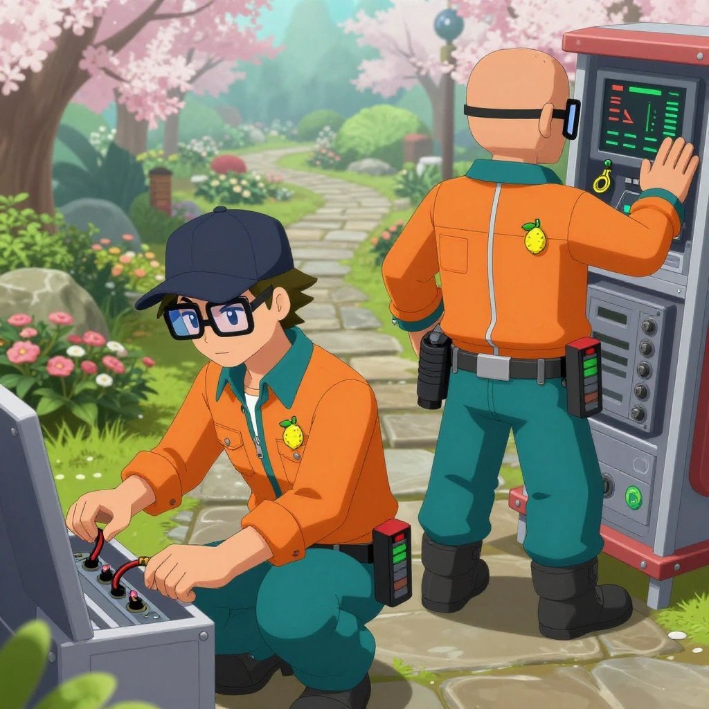An anime scene showing exactly 2 characters gathered around a literal ferry in a botanical garden at peak bloom with stone pathways and morning mist. 1. a male anime character with a lean, wiry build, short wavy hair, clean-shaven, wearing a neatly buttoned utility shirt with a buttoned collar and chest pockets snapped shut, a utility belt with a small battery pack that connects to his eyeglasses, flat chest with no breasts, crouching beside an open panel, tracing a cable to find a flaky link. 2. a male anime character with a broad-shouldered build, short buzz-cut hair, clean-shaven, wearing a neatly buttoned work coverall with a full-length zipper and snapped chest pocket, a utility belt with a small battery pack that connects to his eyeglasses, flat chest with no breasts, stepping back from a humming rack, monitoring the cluster's training metrics. All characters wear vibrant orange and teal engineering team with a roblox avatar aesthetic. Each character wears two small lapel pins — one showing a tiny yellow lemon with a small green leaf attached and one showing a tiny yellow tape measure coiled into a small circle. Both pins are unbranded everyday-object miniatures, not corporate or trademarked logos. One character wears a baseball cap. One character has compact filtration mask clipped to the belt. Each character has a distinct pose tied to their task. No character waves at the camera. No character faces the viewer directly. No two characters share the same pose. The team is programming the ferry. Exactly 2 characters total in this scene — no more, no fewer. No male character wears a skirt, kilt, or apron over pants or formal shirts. NO TEXT anywhere in this image — no speech bubbles, no word bubbles, no labels, no signs, no writing of any kind. Anime style, vibrant colors, clean composition, cinematic lighting.