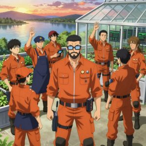 An anime scene showing exactly 1 characters gathered around a literal greenhouse in a rooftop terrace at sunset overlooking a wide river. 1. a male anime character with a stocky, strong build, short undercut hair, full beard, wearing a neatly buttoned work jacket with a full zip front and rolled sleeves, a utility belt with a small battery pack that connects to his eyeglasses, flat chest with no breasts, stepping back from a humming rack, monitoring the cluster's training metrics. All characters wear rust orange and navy hazardous disposal team with a rock star aesthetic. Each character wears two small lapel pins — one showing a tiny apple slice showing the star pattern of seeds in the middle and one showing a tiny silver hex nut. Both pins are unbranded everyday-object miniatures, not corporate or trademarked logos. One character wears a newsboy cap. One character has calibrated ankle strap for terrain mapping. Each character has a distinct pose tied to their task. No character waves at the camera. No character faces the viewer directly. No two characters share the same pose. The team is programming the greenhouse. Exactly 1 characters total in this scene — no more, no fewer. No male character wears a skirt, kilt, or apron over pants or formal shirts. NO TEXT anywhere in this image — no speech bubbles, no word bubbles, no labels, no signs, no writing of any kind. Anime style, vibrant colors, clean composition, cinematic lighting.