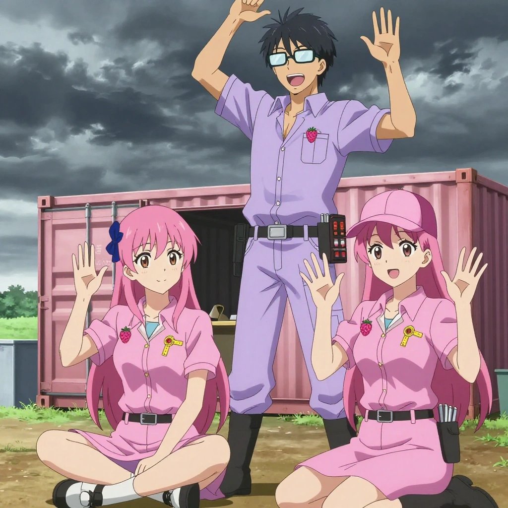 An anime scene showing exactly 2 characters gathered around a literal shipping container workshop used as a maker shop in a wide prairie under a dramatic stormy sky. 1. a male anime character with a tall, lean build, short messy hair, clean-shaven, wearing a neatly pressed collared button-up with a vest over top, a utility belt with a small battery pack that connects to his eyeglasses, flat chest with no breasts, standing tall, performing with arms lifted and genuine expression. 2. a female anime character with a petite build, cute face, no facial hair, long hair with a bow hair accessory, sitting cross-legged, practicing a difficult passage with full concentration. All characters wear pastel pink and lavender maintenance crew with a secretary aesthetic. Each character wears two small lapel pins — one showing a tiny pink raspberry with a hollow center and one showing a tiny yellow tape measure coiled into a small circle. Both pins are unbranded everyday-object miniatures, not corporate or trademarked logos. One character wears a baseball cap. One character has utility sheathes on the belt for hand tools. Each character has a distinct pose tied to their task. No character waves at the camera. No character faces the viewer directly. No two characters share the same pose. The team is practicing the shipping container workshop used as a maker shop. Exactly 2 characters total in this scene — no more, no fewer. No male character wears a skirt, kilt, or apron over pants or formal shirts. NO TEXT anywhere in this image — no speech bubbles, no word bubbles, no labels, no signs, no writing of any kind. Anime style, vibrant colors, clean composition, cinematic lighting.