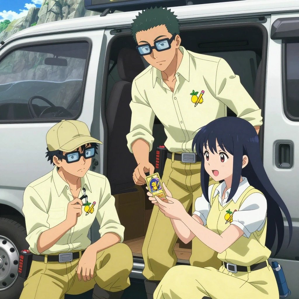 An anime scene showing exactly 3 characters gathered around a literal mobile repair van converted from a delivery van in a rocky coastline with waves crashing against dark stone cliffs. 1. a male anime character with a tall, lean build, short messy hair, clean-shaven, wearing a neatly pressed collared button-up with a vest over top, a utility belt with a small battery pack that connects to his eyeglasses, flat chest with no breasts, taller of the two nearby teammates, leaning down slightly to hand a small Pokémon-style collectible trading card with a glossy gold-foil border and a central character-art window to the smaller teammate with a thoughtful expression, both focused on the exchange. 2. a male anime character with a taller, athletic build, short hair, subtle facial hair, wearing a neatly buttoned-up collared shirt with sleeves rolled to the elbows, a utility belt with a small battery pack that connects to his eyeglasses, flat chest with no breasts, crouched beside a small labeled jar, watching a slow simmer with patient focus. 3. a female anime character with a smaller build, cute face, no facial hair, long hair with a ribbon tied at the end, smaller of the two nearby teammates, accepting the small Pokémon-style collectible trading card in both palms with delight, holding it close to chest and tilting it to admire the glossy gold-foil border and central character-art window with a small pleased smile. All characters wear light yellow and cream search and rescue team with a secret agent aesthetic. Each character wears two small lapel pins - one showing a tiny yellow lemon with a small green leaf attached and one showing a tiny sharpened yellow pencil with a pink eraser. Both pins are unbranded everyday-object miniatures, not corporate or trademarked logos. One character wears a flat cap. One character has compact respirator hanging from a carabiner. Each character has a distinct pose tied to their task. No character waves at the camera. No character faces the viewer directly. No two characters share the same pose. The team is treating the mobile repair van converted from a delivery van. Exactly 3 characters total in this scene - no more, no fewer. No male character wears a skirt, kilt, or apron over pants or formal shirts. NO TEXT anywhere in this image - no speech bubbles, no word bubbles, no labels, no signs, no writing of any kind. Anime style, vibrant colors, clean composition, cinematic lighting.