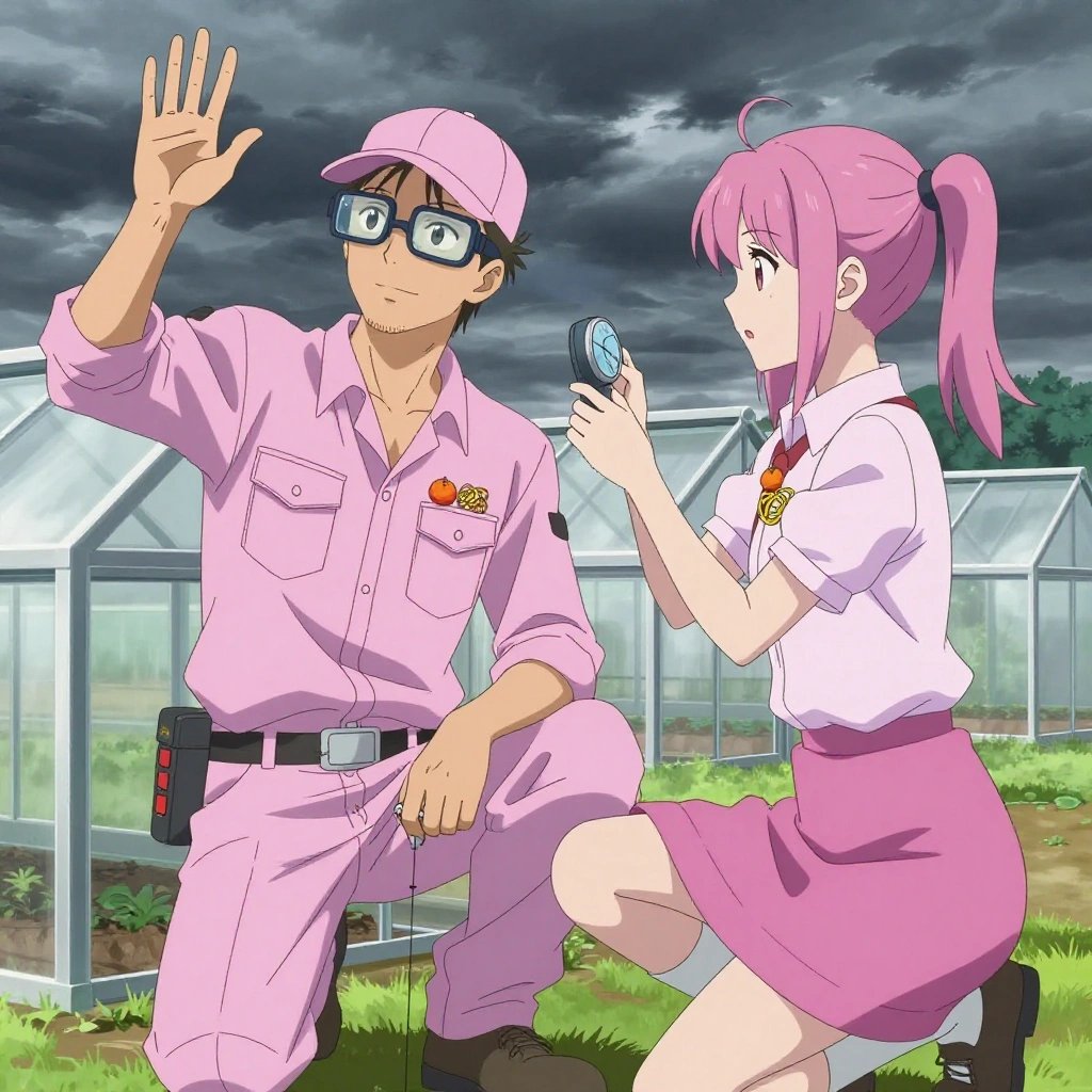 An anime scene showing exactly 2 characters gathered around a literal greenhouse in a wide prairie under a dramatic stormy sky. 1. a male anime character with a lean, medium build, short textured hair, light stubble, wearing a neatly buttoned utility smock with a buttoned collar and chest flaps closed, a utility belt with a small battery pack that connects to his eyeglasses, flat chest with no breasts, kneeling to verify the greenhouse's base dimensions with a precision tool. 2. a female anime character with a slender build, youthful face, no facial hair, side ponytail with a ribbon, twisting a dial on a sensor clipped to the greenhouse, watching for the target value. All characters wear pastel pink and lavender field research team with a me in 10 years aesthetic. Each character wears two small lapel pins — one showing a tiny round tangerine with a small dimpled peel texture and one showing a tiny dense ball of tangled yellow and tan rubber bands. Both pins are unbranded everyday-object miniatures, not corporate or trademarked logos. One character wears a baseball cap. One character has fingertip caps for precision work. Each character has a distinct pose tied to their task. No character waves at the camera. No character faces the viewer directly. No two characters share the same pose. The team is measuring the greenhouse. Exactly 2 characters total in this scene — no more, no fewer. No male character wears a skirt, kilt, or apron over pants or formal shirts. NO TEXT anywhere in this image — no speech bubbles, no word bubbles, no labels, no signs, no writing of any kind. Anime style, vibrant colors, clean composition, cinematic lighting.