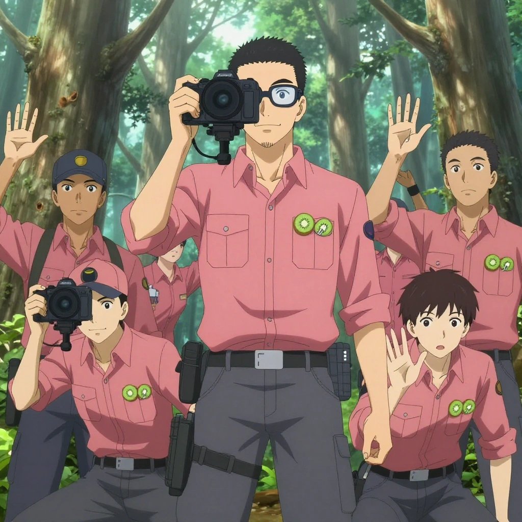Exactly 1 characters in this scene. No people in background. No extras. No second figure. Count and anatomy must hold. An anime scene showing exactly 1 characters gathered around a literal outpost in an old-growth forest with shafts of light cutting through the canopy. 1. a male anime character with a tall, sturdy build, short side-part hair, light goatee, wearing a neatly buttoned collared work shirt with sleeves rolled up, a utility belt with a small battery pack that connects to his eyeglasses, flat chest with no breasts, holding a stabilized camera rig, framing the outpost in the shot. All characters wear muted rose and gray search and rescue team with a spring break aesthetic. Each character wears two small lapel pins β one showing a tiny kiwi slice showing the green flesh with tiny black seeds and white center and one showing a tiny silver paperclip. Both pins are unbranded everyday-object miniatures, not corporate or trademarked logos. One character wears a captain's hat. One character has signal reflector patch on the shoulder. Each character has a distinct pose tied to their task. No character waves at the camera. No character faces the viewer directly. No two characters share the same pose. The team is operating the outpost. Exactly 1 characters total in this scene β no more, no fewer. No male character wears a skirt, kilt, or apron over pants or formal shirts. Every character has exactly 2 arms, 2 hands, 5 fingers per hand, 2 legs, 1 head, 1 torso. No extra arms, no missing arms, no extra fingers, no fused or merged characters, no characters sharing limbs, no arms emerging from the wrong character. NO TEXT anywhere in this image β no speech bubbles, no word bubbles, no labels, no signs, no writing of any kind. Anime style, vibrant colors, clean composition, cinematic lighting.