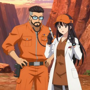 An anime scene showing exactly 2 characters gathered around a literal outpost in a wide canyon with layered red rock walls glowing at sunset. 1. a male anime character with a stocky, strong build, short undercut hair, full beard, wearing a neatly buttoned work jacket with a full zip front and rolled sleeves, a utility belt with a small battery pack that connects to his eyeglasses, flat chest with no breasts, leaning in with a stethoscope, performing a careful examination. 2. a female anime character with a petite build, expressive eyes, no facial hair, long straight hair with a ribbon headband, holding a syringe with a precise dose, steady and focused. All characters wear warm orange and brown medical team (white lab coats) with a casting audition aesthetic. Each character wears two small lapel pins — one showing a tiny round tangerine with a small dimpled peel texture and one showing a tiny silver thumbtack with a colored head (red, blue, or yellow). Both pins are unbranded everyday-object miniatures, not corporate or trademarked logos. One character wears a baseball cap. One character has gloves with fingertip sensors. Each character has a distinct pose tied to their task. No character waves at the camera. No character faces the viewer directly. No two characters share the same pose. The team is treating the outpost. Exactly 2 characters total in this scene — no more, no fewer. No male character wears a skirt, kilt, or apron over pants or formal shirts. NO TEXT anywhere in this image — no speech bubbles, no word bubbles, no labels, no signs, no writing of any kind. Anime style, vibrant colors, clean composition, cinematic lighting.