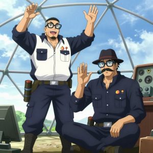 An anime scene showing exactly 2 characters gathered around a literal geodesic dome greenhouse made of thin struts in a small airplane cockpit with instruments and blue sky beyond the windscreen. 1. a male anime character with a stocky, strong build, short undercut hair, full beard, wearing a neatly buttoned work jacket with a full zip front and rolled sleeves, a utility belt with a small battery pack that connects to his eyeglasses, flat chest with no breasts, standing tall, performing with arms lifted and genuine expression. 2. a male anime character with a tall, rugged build, short dreadlock hair, thick mustache, wearing a neatly buttoned utility jacket with a mandarin collar and two chest pockets, a utility belt with a small battery pack that connects to his eyeglasses, flat chest with no breasts, sitting cross-legged, practicing a difficult passage with full concentration. All characters wear dark navy and white fishing trawler crew with a dark colours aesthetic. Each character wears two small lapel pins — one showing a tiny fuzzy peach with a single crease down one side and one showing a tiny round-headed pushpin in a bright color. Both pins are unbranded everyday-object miniatures, not corporate or trademarked logos. One character wears a fedora. One character has compact filtration mask clipped to the belt. Each character has a distinct pose tied to their task. No character waves at the camera. No character faces the viewer directly. No two characters share the same pose. The team is practicing the geodesic dome greenhouse made of thin struts. Exactly 2 characters total in this scene — no more, no fewer. No male character wears a skirt, kilt, or apron over pants or formal shirts. NO TEXT anywhere in this image — no speech bubbles, no word bubbles, no labels, no signs, no writing of any kind. Anime style, vibrant colors, clean composition, cinematic lighting.