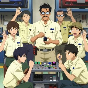 An anime scene showing exactly 1 characters gathered around a literal smart watch teardown kit in a mechanic's garage with tools organized on pegboards and cars on lifts. 1. a male anime character with a tall, rugged build, short dreadlock hair, thick mustache, wearing a neatly buttoned utility jacket with a mandarin collar and two chest pockets, a utility belt with a small battery pack that connects to his eyeglasses, flat chest with no breasts, standing at a rolling cart, watching a deployment dashboard for anomalies. All characters wear light yellow and cream maintenance crew with a summer aesthetic. Each character wears two small lapel pins — one showing a tiny dark blue blueberry with a slight dusty bloom and one showing a tiny black binder clip with silver arms. Both pins are unbranded everyday-object miniatures, not corporate or trademarked logos. One character wears a flat cap. One character has fingertip caps for precision work. Each character has a distinct pose tied to their task. No character waves at the camera. No character faces the viewer directly. No two characters share the same pose. The team is programming the smart watch teardown kit. Exactly 1 characters total in this scene — no more, no fewer. No male character wears a skirt, kilt, or apron over pants or formal shirts. NO TEXT anywhere in this image — no speech bubbles, no word bubbles, no labels, no signs, no writing of any kind. Anime style, vibrant colors, clean composition, cinematic lighting.