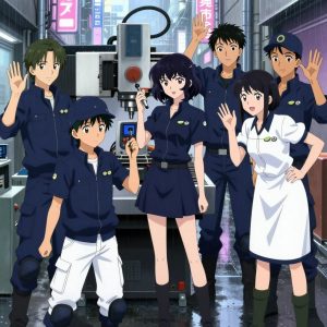 An anime scene showing exactly 1 characters gathered around a literal CNC mill workstation in a rain-soaked city alley with neon signs reflecting in puddles. 1. a female anime character with a slim build, delicate face, no facial hair, short wavy hair with a hair pin, holding a calibrated instrument up to the CNC mill workstation, eyes on the readout. All characters wear navy and soft white technical repair team with a from another planet aesthetic. Each character wears two small lapel pins — one showing a tiny lime wedge showing the green rind and pale flesh and one showing a tiny silver hex nut. Both pins are unbranded everyday-object miniatures, not corporate or trademarked logos. One character wears a newsboy cap. One character has knee pads with built-in tool pouches. Each character has a distinct pose tied to their task. No character waves at the camera. No character faces the viewer directly. No two characters share the same pose. The team is measuring the CNC mill workstation. Exactly 1 characters total in this scene — no more, no fewer. No male character wears a skirt, kilt, or apron over pants or formal shirts. NO TEXT anywhere in this image — no speech bubbles, no word bubbles, no labels, no signs, no writing of any kind. Anime style, vibrant colors, clean composition, cinematic lighting.