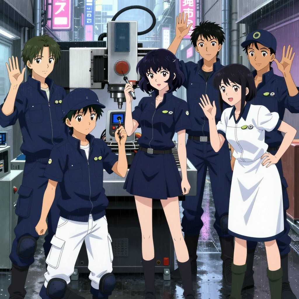 An anime scene showing exactly 1 characters gathered around a literal CNC mill workstation in a rain-soaked city alley with neon signs reflecting in puddles. 1. a female anime character with a slim build, delicate face, no facial hair, short wavy hair with a hair pin, holding a calibrated instrument up to the CNC mill workstation, eyes on the readout. All characters wear navy and soft white technical repair team with a from another planet aesthetic. Each character wears two small lapel pins — one showing a tiny lime wedge showing the green rind and pale flesh and one showing a tiny silver hex nut. Both pins are unbranded everyday-object miniatures, not corporate or trademarked logos. One character wears a newsboy cap. One character has knee pads with built-in tool pouches. Each character has a distinct pose tied to their task. No character waves at the camera. No character faces the viewer directly. No two characters share the same pose. The team is measuring the CNC mill workstation. Exactly 1 characters total in this scene — no more, no fewer. No male character wears a skirt, kilt, or apron over pants or formal shirts. NO TEXT anywhere in this image — no speech bubbles, no word bubbles, no labels, no signs, no writing of any kind. Anime style, vibrant colors, clean composition, cinematic lighting.