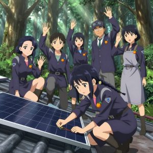 An anime scene showing exactly 1 characters gathered around a literal small rooftop solar panel array in an old-growth forest with shafts of light cutting through the canopy. 1. a female anime character with a petite build, soft features, no facial hair, hair in twin braids with small flower clips, crouching beside an open panel, tracing a cable to find a flaky link. All characters wear dark purple and silver scientific expedition team with a scene aesthetic. Each character wears two small lapel pins — one showing a tiny round tangerine with a small dimpled peel texture and one showing a tiny round-headed pushpin in a bright color. Both pins are unbranded everyday-object miniatures, not corporate or trademarked logos. One character wears a flat cap. One character has signal reflector patch on the shoulder. Each character has a distinct pose tied to their task. No character waves at the camera. No character faces the viewer directly. No two characters share the same pose. The team is programming the small rooftop solar panel array. Exactly 1 characters total in this scene — no more, no fewer. No male character wears a skirt, kilt, or apron over pants or formal shirts. NO TEXT anywhere in this image — no speech bubbles, no word bubbles, no labels, no signs, no writing of any kind. Anime style, vibrant colors, clean composition, cinematic lighting.