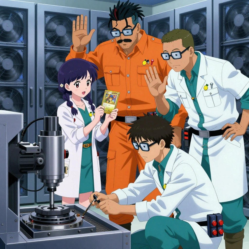 An anime scene showing exactly 4 characters gathered around a literal CNC mill workstation in a high-tech server room humming with cooling fans and blue light. 1. a male anime character with a tall, rugged build, short dreadlock hair, thick mustache, wearing a neatly buttoned utility jacket with a mandarin collar and two chest pockets, a utility belt with a small battery pack that connects to his eyeglasses, flat chest with no breasts, taller of the two nearby teammates, leaning down slightly to hand a small Pokémon-style collectible trading card with a glossy gold-foil border and a central character-art window to the smaller teammate with a thoughtful expression, both focused on the exchange. 2. a male anime character with a broader, muscular build, short spiky hair, light stubble, wearing a neatly buttoned work shirt with epaulets and a zipped front, a utility belt with a small battery pack that connects to his eyeglasses, flat chest with no breasts, leaning in close, listening to the CNC mill workstation catch and hum to diagnose the fault. 3. a female anime character with a petite build, soft features, no facial hair, hair in twin braids with small flower clips, smaller of the two nearby teammates, accepting the small Pokémon-style collectible trading card in both palms with delight, holding it close to chest and tilting it to admire the glossy gold-foil border and central character-art window with a small pleased smile. 4. a male anime character with a lean, medium build, short textured hair, light stubble, wearing a neatly buttoned utility smock with a buttoned collar and chest flaps closed, a utility belt with a small battery pack that connects to his eyeglasses, flat chest with no breasts, crouching low, tightening a bolt on the CNC mill workstation with the appropriate tool. All characters wear vibrant orange and teal medical team (white lab coats) with a your style aesthetic. Each character wears two small lapel pins - one showing a tiny yellow lemon with a small green leaf attached and one showing a tiny silver thumbtack with a colored head (red, blue, or yellow). Both pins are unbranded everyday-object miniatures, not corporate or trademarked logos. One character wears a beret. One character has calibrated ankle strap for terrain mapping. Each character has a distinct pose tied to their task. No character waves at the camera. No character faces the viewer directly. No two characters share the same pose. The team is repairing the CNC mill workstation. Exactly 4 characters total in this scene - no more, no fewer. No male character wears a skirt, kilt, or apron over pants or formal shirts. NO TEXT anywhere in this image - no speech bubbles, no word bubbles, no labels, no signs, no writing of any kind. Anime style, vibrant colors, clean composition, cinematic lighting.