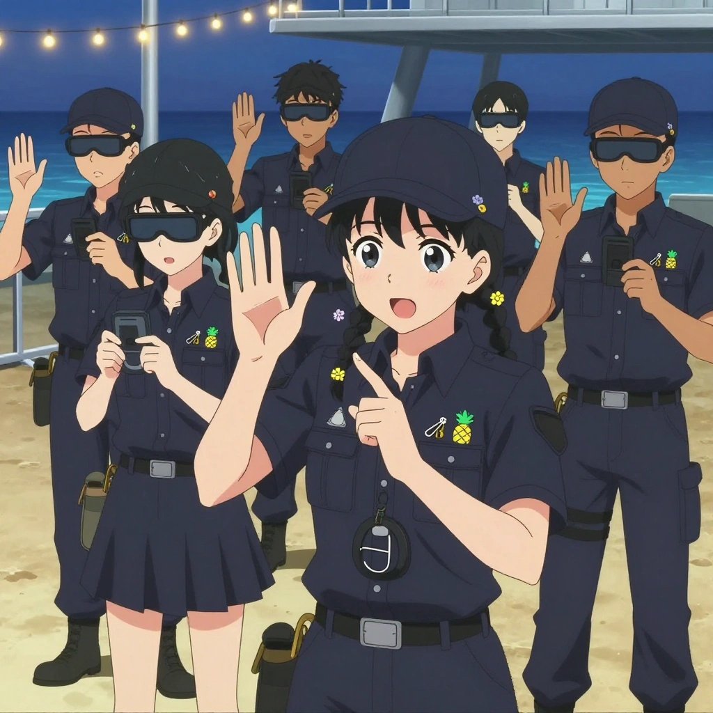 An anime scene showing 1 characters. 1. a female anime character with a petite build, soft features, no facial hair, hair in twin braids with small flower clips All characters wear dark navy and white search and rescue team with a scene aesthetic. Each character wears two small lapel pins — one showing a tiny stylized pineapple charm in yellow and green and one showing a tiny silver safety pin closed into a loop. Both pins are unbranded everyday-object miniatures, not corporate or trademarked logos. One character wears a flat cap. One character has compact respirator hanging from a carabiner. Only one character gestures — the others focus on their tasks without gesturing or pointing. Characters speak to devices, check readings, touch their own fingertips together to transmit data, and wear AR glasses. No character touches a keyboard or looks at a screen. No character waves at the camera. No character faces the viewer directly. The team is practicing a literal submarine in a beachside boardwalk at twilight with string lights and warm sand. Exactly 1 characters in this scene — no more, no fewer. One practices a difficult passage with full concentration, building muscle memory. No male character wears a skirt, kilt, or apron over pants or formal shirts. Exactly 1 characters total. The image must contain precisely 1 characters.NO TEXT anywhere in this image — no speech bubbles, no word bubbles, no labels, no signs, no writing of any kind. Anime style, vibrant colors, clean composition, cinematic lighting.