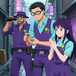An anime scene showing exactly 3 characters gathered around a literal thermal imaging scope in a rain-soaked city alley with neon signs reflecting in puddles. 1. a male anime character with a tall, lean build, short messy hair, clean-shaven, wearing a neatly pressed collared button-up with a vest over top, a utility belt with a small battery pack that connects to his eyeglasses, flat chest with no breasts, taller of the two nearby teammates, leaning down slightly to hand a small Pokémon-style collectible trading card with a glossy gold-foil border and a central character-art window to the smaller teammate with a thoughtful expression, both focused on the exchange. 2. a male anime character with a stocky, strong build, short undercut hair, full beard, wearing a neatly buttoned work jacket with a full zip front and rolled sleeves, a utility belt with a small battery pack that connects to his eyeglasses, flat chest with no breasts, gripping a control yoke, piloting a vehicle past the thermal imaging scope. 3. a female anime character with a smaller build, cute face, no facial hair, long hair with a ribbon tied at the end, slow clapping - both open hands tapping together repeatedly, clearly visible, hand held stationary in the foreground - not waving or in motion, other hand resting at side, palm orientation held steady so the sign reads clearly. All characters wear electric purple and cyan field research team with a selfcare sunday aesthetic. Each character wears two small lapel pins - one showing a tiny kiwi slice showing the green flesh with tiny black seeds and white center and one showing a tiny wooden clothespin with a metal spring. Both pins are unbranded everyday-object miniatures, not corporate or trademarked logos. One character wears a fedora. One character has compact respirator hanging from a carabiner. Each character has a distinct pose tied to their task. No character waves at the camera. No character faces the viewer directly. No two characters share the same pose. The team is operating the thermal imaging scope. Exactly 3 characters total in this scene - no more, no fewer. No male character wears a skirt, kilt, or apron over pants or formal shirts. NO TEXT anywhere in this image - no speech bubbles, no word bubbles, no labels, no signs, no writing of any kind. Anime style, vibrant colors, clean composition, cinematic lighting.