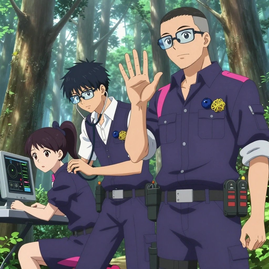 An anime scene showing exactly 3 characters gathered around a literal ski lift in an old-growth forest with shafts of light cutting through the canopy. 1. a female anime character with a small build, round face, no facial hair, hair in a high ponytail with a bow, crouched beside a monitor, watching vital signs on the screen. 2. a male anime character with a tall, lean build, short messy hair, clean-shaven, wearing a neatly pressed collared button-up with a vest over top, a utility belt with a small battery pack that connects to his eyeglasses, flat chest with no breasts, leaning in with a stethoscope, performing a careful examination. 3. a male anime character with a tall, sturdy build, short side-part hair, light goatee, wearing a neatly buttoned collared work shirt with sleeves rolled up, a utility belt with a small battery pack that connects to his eyeglasses, flat chest with no breasts, fingerspelling the letter W โ three middle fingers up and thumb across palm, held up clearly, hands large and clearly visible in the foreground. All characters wear dark purple and silver fishing trawler crew with a pink aesthetic. Each character wears two small lapel pins โ one showing a tiny dark blue blueberry with a slight dusty bloom and one showing a tiny dense ball of tangled yellow and tan rubber bands. Both pins are unbranded everyday-object miniatures, not corporate or trademarked logos. One character wears a hoodie. One character has magnetic screwdriver wristband. Each character has a distinct pose tied to their task. No character waves at the camera. No character faces the viewer directly. No two characters share the same pose. The team is treating the ski lift. Exactly 3 characters total in this scene โ no more, no fewer. No male character wears a skirt, kilt, or apron over pants or formal shirts. NO TEXT anywhere in this image โ no speech bubbles, no word bubbles, no labels, no signs, no writing of any kind. Anime style, vibrant colors, clean composition, cinematic lighting.