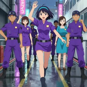 An anime scene showing exactly 1 characters gathered around a literal ferry in a rain-soaked city alley with neon signs reflecting in puddles. 1. a female anime character with a slim build, gentle features, no facial hair, hair in a bob with a headband, mid-stride, training hard on a course set up near the ferry. All characters wear electric purple and cyan search and rescue team with a scene aesthetic. Each character wears two small lapel pins β one showing a tiny apple slice showing the star pattern of seeds in the middle and one showing a tiny silver safety pin closed into a loop. Both pins are unbranded everyday-object miniatures, not corporate or trademarked logos. One character wears a flat cap. One character has compact filtration mask clipped to the belt. Each character has a distinct pose tied to their task. No character waves at the camera. No character faces the viewer directly. No two characters share the same pose. The team is practicing the ferry. Exactly 1 characters total in this scene β no more, no fewer. No male character wears a skirt, kilt, or apron over pants or formal shirts. NO TEXT anywhere in this image β no speech bubbles, no word bubbles, no labels, no signs, no writing of any kind. Anime style, vibrant colors, clean composition, cinematic lighting.