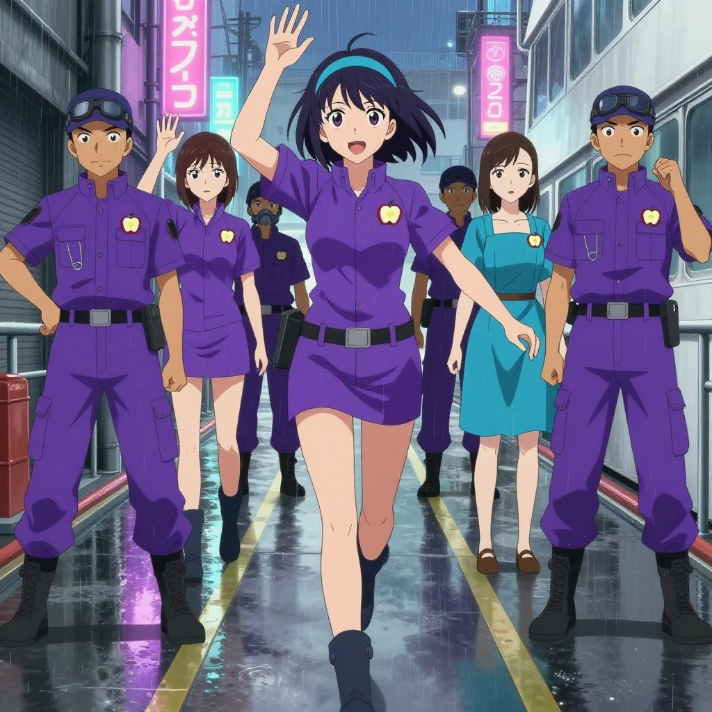 An anime scene showing exactly 1 characters gathered around a literal ferry in a rain-soaked city alley with neon signs reflecting in puddles. 1. a female anime character with a slim build, gentle features, no facial hair, hair in a bob with a headband, mid-stride, training hard on a course set up near the ferry. All characters wear electric purple and cyan search and rescue team with a scene aesthetic. Each character wears two small lapel pins — one showing a tiny apple slice showing the star pattern of seeds in the middle and one showing a tiny silver safety pin closed into a loop. Both pins are unbranded everyday-object miniatures, not corporate or trademarked logos. One character wears a flat cap. One character has compact filtration mask clipped to the belt. Each character has a distinct pose tied to their task. No character waves at the camera. No character faces the viewer directly. No two characters share the same pose. The team is practicing the ferry. Exactly 1 characters total in this scene — no more, no fewer. No male character wears a skirt, kilt, or apron over pants or formal shirts. NO TEXT anywhere in this image — no speech bubbles, no word bubbles, no labels, no signs, no writing of any kind. Anime style, vibrant colors, clean composition, cinematic lighting.