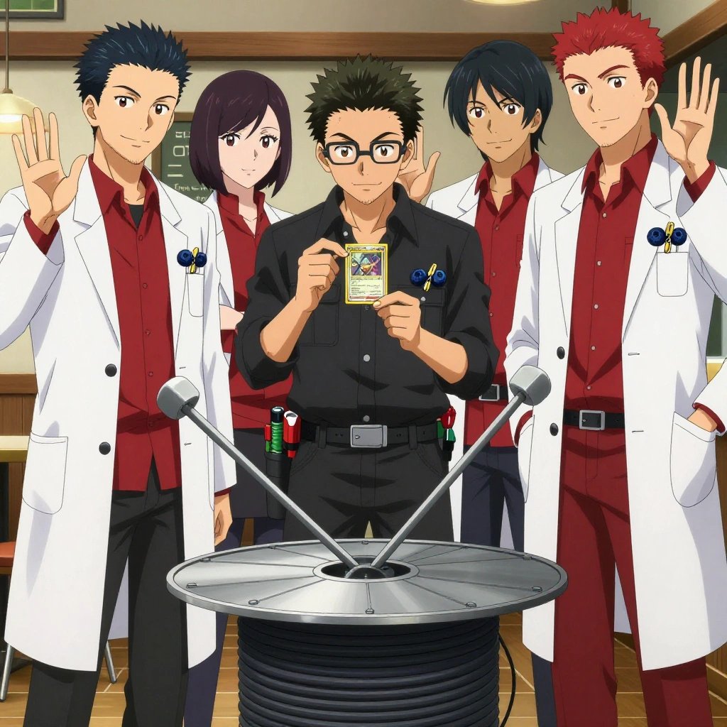 An anime scene showing exactly 1 characters gathered around a literal cable spool and mesh antenna array in a cozy coffee shop interior with warm light and wood tones. 1. a male anime character with a lean, medium build, short textured hair, light stubble, wearing a neatly buttoned utility smock with a buttoned collar and chest flaps closed, a utility belt with a small battery pack that connects to his eyeglasses, flat chest with no breasts, holding a small Pokémon-style collectible trading card with a glossy gold-foil border and a central character-art window carefully in both hands, examining it with quiet curiosity. All characters wear bold red and black medical team (white lab coats) with a dark colours aesthetic. Each character wears two small lapel pins - one showing a tiny dark blue blueberry with a slight dusty bloom and one showing a tiny wooden clothespin with a metal spring. Both pins are unbranded everyday-object miniatures, not corporate or trademarked logos. One character wears a hoodie. One character has utility sheathes on the belt for hand tools. Each character has a distinct pose tied to their task. No character waves at the camera. No character faces the viewer directly. No two characters share the same pose. The team is measuring the cable spool and mesh antenna array. Exactly 1 characters total in this scene - no more, no fewer. No male character wears a skirt, kilt, or apron over pants or formal shirts. NO TEXT anywhere in this image - no speech bubbles, no word bubbles, no labels, no signs, no writing of any kind. Anime style, vibrant colors, clean composition, cinematic lighting.
