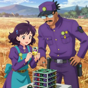 An anime scene showing exactly 2 characters gathered around a literal Raspberry Pi cluster shelf in an open field at golden hour with distant mountains and dry grass. 1. a male anime character with a tall, rugged build, short dreadlock hair, thick mustache, wearing a neatly buttoned utility jacket with a mandarin collar and two chest pockets, a utility belt with a small battery pack that connects to his eyeglasses, flat chest with no breasts, taller of the two nearby teammates, leaning down slightly to hand a small Pokémon-style collectible trading card with a glossy gold-foil border and a central character-art window to the smaller teammate with a thoughtful expression, both focused on the exchange. 2. a female anime character with a smaller build, soft smile, no facial hair, hair in loose curls with a small hair clip, smaller of the two nearby teammates, accepting the small Pokémon-style collectible trading card in both palms with delight, holding it close to chest and tilting it to admire the glossy gold-foil border and central character-art window with a small pleased smile. All characters wear electric purple and cyan engineering team with a valentine's day aesthetic. Each character wears two small lapel pins - one showing a tiny kiwi slice showing the green flesh with tiny black seeds and white center and one showing a tiny yellow tape measure coiled into a small circle. Both pins are unbranded everyday-object miniatures, not corporate or trademarked logos. One character wears a captain's hat. One character has wrist-mounted calibration scope. Each character has a distinct pose tied to their task. No character waves at the camera. No character faces the viewer directly. No two characters share the same pose. The team is treating the Raspberry Pi cluster shelf. Exactly 2 characters total in this scene - no more, no fewer. No male character wears a skirt, kilt, or apron over pants or formal shirts. NO TEXT anywhere in this image - no speech bubbles, no word bubbles, no labels, no signs, no writing of any kind. Anime style, vibrant colors, clean composition, cinematic lighting.