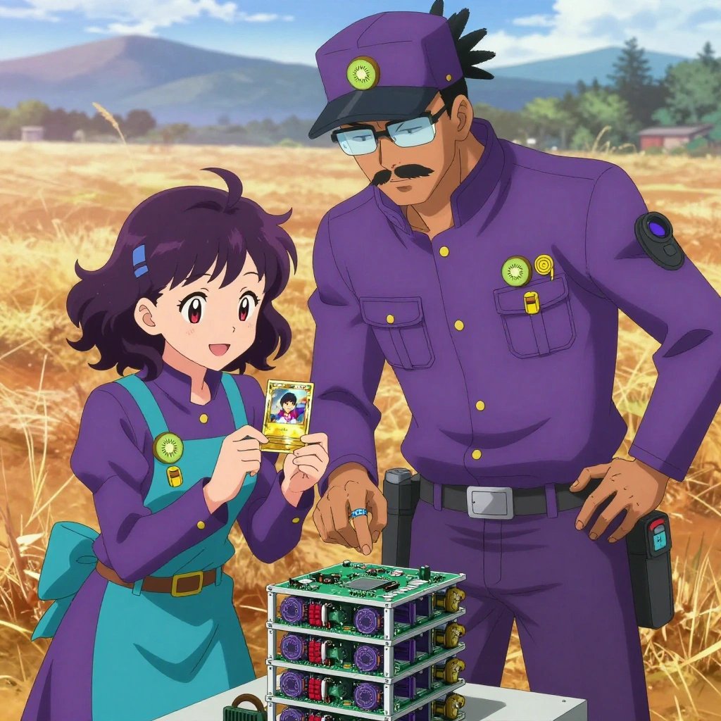 An anime scene showing exactly 2 characters gathered around a literal Raspberry Pi cluster shelf in an open field at golden hour with distant mountains and dry grass. 1. a male anime character with a tall, rugged build, short dreadlock hair, thick mustache, wearing a neatly buttoned utility jacket with a mandarin collar and two chest pockets, a utility belt with a small battery pack that connects to his eyeglasses, flat chest with no breasts, taller of the two nearby teammates, leaning down slightly to hand a small Pokémon-style collectible trading card with a glossy gold-foil border and a central character-art window to the smaller teammate with a thoughtful expression, both focused on the exchange. 2. a female anime character with a smaller build, soft smile, no facial hair, hair in loose curls with a small hair clip, smaller of the two nearby teammates, accepting the small Pokémon-style collectible trading card in both palms with delight, holding it close to chest and tilting it to admire the glossy gold-foil border and central character-art window with a small pleased smile. All characters wear electric purple and cyan engineering team with a valentine's day aesthetic. Each character wears two small lapel pins - one showing a tiny kiwi slice showing the green flesh with tiny black seeds and white center and one showing a tiny yellow tape measure coiled into a small circle. Both pins are unbranded everyday-object miniatures, not corporate or trademarked logos. One character wears a captain's hat. One character has wrist-mounted calibration scope. Each character has a distinct pose tied to their task. No character waves at the camera. No character faces the viewer directly. No two characters share the same pose. The team is treating the Raspberry Pi cluster shelf. Exactly 2 characters total in this scene - no more, no fewer. No male character wears a skirt, kilt, or apron over pants or formal shirts. NO TEXT anywhere in this image - no speech bubbles, no word bubbles, no labels, no signs, no writing of any kind. Anime style, vibrant colors, clean composition, cinematic lighting.