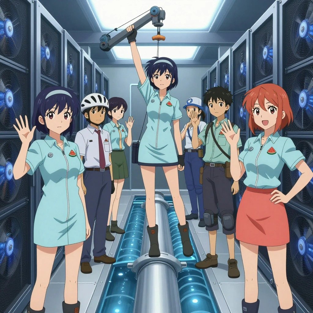 An anime scene showing exactly 1 characters gathered around a literal aqueduct in a high-tech server room humming with cooling fans and blue light. 1. a female anime character with a slim build, gentle features, no facial hair, hair in a bob with a headband, standing under a brightly lit canopy, operating a crane beside the aqueduct. All characters wear light blue and coral technical repair team with a light colours aesthetic. Each character wears two small lapel pins — one showing a tiny watermelon slice showing the red flesh, black seeds, and green rind and one showing a tiny silver hex nut. Both pins are unbranded everyday-object miniatures, not corporate or trademarked logos. One character wears a bicycle helmet. One character has knee pads with built-in tool pouches. Each character has a distinct pose tied to their task. No character waves at the camera. No character faces the viewer directly. No two characters share the same pose. The team is operating the aqueduct. Exactly 1 characters total in this scene — no more, no fewer. No male character wears a skirt, kilt, or apron over pants or formal shirts. Every character has exactly 2 arms, 2 hands, 5 fingers per hand, 2 legs, 1 head, 1 torso. No extra arms, no missing arms, no extra fingers, no fused or merged characters, no characters sharing limbs, no arms emerging from the wrong character. NO TEXT anywhere in this image — no speech bubbles, no word bubbles, no labels, no signs, no writing of any kind. Anime style, vibrant colors, clean composition, cinematic lighting.