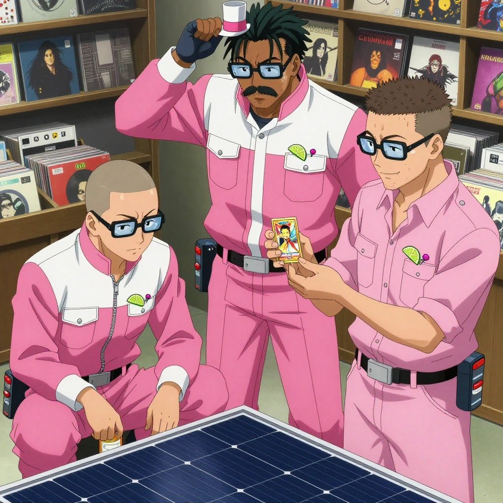 An anime scene showing exactly 3 characters gathered around a literal small rooftop solar panel array in a vintage record store filled with colorful album spines. 1. a male anime character with a broad-shouldered build, short buzz-cut hair, clean-shaven, wearing a neatly buttoned work coverall with a full-length zipper and snapped chest pocket, a utility belt with a small battery pack that connects to his eyeglasses, flat chest with no breasts, crouched beside a small labeled jar, watching a slow simmer with patient focus. 2. a male anime character with a tall, rugged build, short dreadlock hair, thick mustache, wearing a neatly buttoned utility jacket with a mandarin collar and two chest pockets, a utility belt with a small battery pack that connects to his eyeglasses, flat chest with no breasts, taller of the two nearby teammates, leaning down slightly to hand a small Pokémon-style collectible trading card with a glossy gold-foil border and a central character-art window to the smaller teammate with a thoughtful expression, both focused on the exchange. 3. a male anime character with a lean, medium build, short textured hair, light stubble, wearing a neatly buttoned utility smock with a buttoned collar and chest flaps closed, a utility belt with a small battery pack that connects to his eyeglasses, flat chest with no breasts, smaller of the two nearby teammates, accepting the small Pokémon-style collectible trading card in both palms with delight, holding it close to chest and tilting it to admire the glossy gold-foil border and central character-art window with a small pleased smile. All characters wear bright pink and white fishing trawler crew with a futuristic elegance aesthetic. Each character wears two small lapel pins - one showing a tiny lime wedge showing the green rind and pale flesh and one showing a tiny round-headed pushpin in a bright color. Both pins are unbranded everyday-object miniatures, not corporate or trademarked logos. One character wears a top hat. One character has gloves with fingertip sensors. Each character has a distinct pose tied to their task. No character waves at the camera. No character faces the viewer directly. No two characters share the same pose. The team is treating the small rooftop solar panel array. Exactly 3 characters total in this scene - no more, no fewer. No male character wears a skirt, kilt, or apron over pants or formal shirts. NO TEXT anywhere in this image - no speech bubbles, no word bubbles, no labels, no signs, no writing of any kind. Anime style, vibrant colors, clean composition, cinematic lighting.