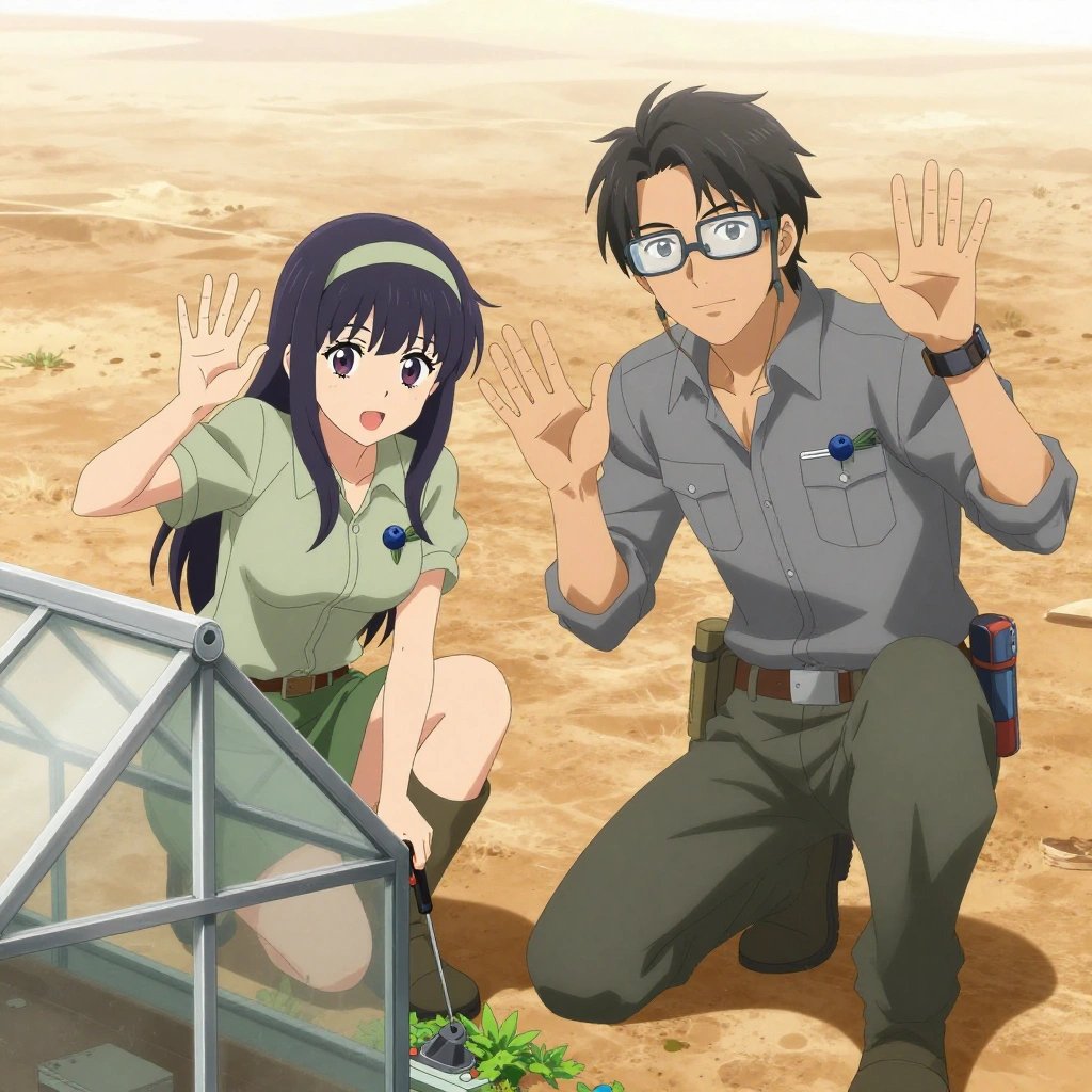 Exactly 2 characters in this scene. No people in background. No extras. No second figure. Count and anatomy must hold. An anime scene showing exactly 2 characters gathered around a literal greenhouse in a dusty desert road stretching to the horizon under a blazing sun. 1. a female anime character with a petite build, expressive eyes, no facial hair, long straight hair with a ribbon headband, crouching low, tightening a bolt on the greenhouse with the appropriate tool. 2. a male anime character with a lean, wiry build, short wavy hair, clean-shaven, wearing a neatly buttoned utility shirt with a buttoned collar and chest pockets snapped shut, a utility belt with a small battery pack that connects to his eyeglasses, flat chest with no breasts, kneeling beside the greenhouse, replacing a worn component with a fresh part. All characters wear muted rose and gray field research team with a green aesthetic. Each character wears two small lapel pins — one showing a tiny dark blue blueberry with a slight dusty bloom and one showing a tiny flathead screwdriver with a clear handle. Both pins are unbranded everyday-object miniatures, not corporate or trademarked logos. One character wears a bicycle helmet. One character has magnetic screwdriver wristband. Each character has a distinct pose tied to their task. No character waves at the camera. No character faces the viewer directly. No two characters share the same pose. The team is repairing the greenhouse. Exactly 2 characters total in this scene — no more, no fewer. No male character wears a skirt, kilt, or apron over pants or formal shirts. Every character has exactly 2 arms, 2 hands, 5 fingers per hand, 2 legs, 1 head, 1 torso. No extra arms, no missing arms, no extra fingers, no fused or merged characters, no characters sharing limbs, no arms emerging from the wrong character. NO TEXT anywhere in this image — no speech bubbles, no word bubbles, no labels, no signs, no writing of any kind. Anime style, vibrant colors, clean composition, cinematic lighting.