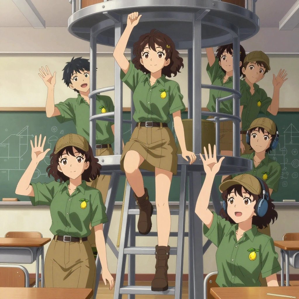 Exactly 1 characters in this scene. No people in background. No extras. No second figure. Count and anatomy must hold. An anime scene showing exactly 1 characters gathered around a literal lookout tower in a sunny classroom with desks and a chalkboard covered in diagrams. 1. a female anime character with a smaller build, soft smile, no facial hair, hair in loose curls with a small hair clip, stepping on a small ladder, recalibrating the top section of the lookout tower. All characters wear earthy green and tan engineering team with a graduation aesthetic. Each character wears two small lapel pins — one showing a tiny yellow lemon with a small green leaf attached and one showing a tiny yellow tape measure coiled into a small circle. Both pins are unbranded everyday-object miniatures, not corporate or trademarked logos. One character wears a flat cap. One character has hearing protection with built-in radio. Each character has a distinct pose tied to their task. No character waves at the camera. No character faces the viewer directly. No two characters share the same pose. The team is repairing the lookout tower. Exactly 1 characters total in this scene — no more, no fewer. No male character wears a skirt, kilt, or apron over pants or formal shirts. Every character has exactly 2 arms, 2 hands, 5 fingers per hand, 2 legs, 1 head, 1 torso. No extra arms, no missing arms, no extra fingers, no fused or merged characters, no characters sharing limbs, no arms emerging from the wrong character. NO TEXT anywhere in this image — no speech bubbles, no word bubbles, no labels, no signs, no writing of any kind. Anime style, vibrant colors, clean composition, cinematic lighting.