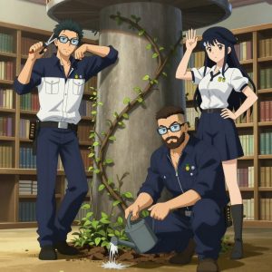 An anime scene showing exactly 3 characters gathered around a literal lookout tower in a quiet library with floor-to-ceiling bookshelves and reading nooks. 1. a male anime character with a lean, medium build, short textured hair, light stubble, wearing a neatly buttoned utility smock with a buttoned collar and chest flaps closed, a utility belt with a small battery pack that connects to his eyeglasses, flat chest with no breasts, leaning in with shears, pruning dead growth around the lookout tower. 2. a male anime character with a stocky, strong build, short undercut hair, full beard, wearing a neatly buttoned work jacket with a full zip front and rolled sleeves, a utility belt with a small battery pack that connects to his eyeglasses, flat chest with no breasts, crouching with a watering can, dampening the soil at the base of the lookout tower. 3. a female anime character with a smaller build, cute face, no facial hair, long hair with a ribbon tied at the end, standing on a step stool, trellising a vine up the side of the lookout tower. All characters wear navy and soft white fishing trawler crew with a wild west aesthetic. Each character wears two small lapel pins — one showing a tiny stylized pineapple charm in yellow and green and one showing a tiny silver hex bolt. Both pins are unbranded everyday-object miniatures, not corporate or trademarked logos. One character wears a beret. One character has calibrated ankle strap for terrain mapping. Each character has a distinct pose tied to their task. No character waves at the camera. No character faces the viewer directly. No two characters share the same pose. The team is cultivating the lookout tower. Exactly 3 characters total in this scene — no more, no fewer. No male character wears a skirt, kilt, or apron over pants or formal shirts. NO TEXT anywhere in this image — no speech bubbles, no word bubbles, no labels, no signs, no writing of any kind. Anime style, vibrant colors, clean composition, cinematic lighting.