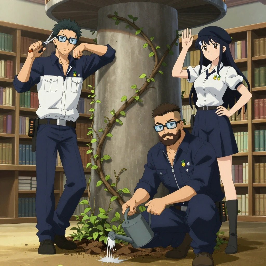 An anime scene showing exactly 3 characters gathered around a literal lookout tower in a quiet library with floor-to-ceiling bookshelves and reading nooks. 1. a male anime character with a lean, medium build, short textured hair, light stubble, wearing a neatly buttoned utility smock with a buttoned collar and chest flaps closed, a utility belt with a small battery pack that connects to his eyeglasses, flat chest with no breasts, leaning in with shears, pruning dead growth around the lookout tower. 2. a male anime character with a stocky, strong build, short undercut hair, full beard, wearing a neatly buttoned work jacket with a full zip front and rolled sleeves, a utility belt with a small battery pack that connects to his eyeglasses, flat chest with no breasts, crouching with a watering can, dampening the soil at the base of the lookout tower. 3. a female anime character with a smaller build, cute face, no facial hair, long hair with a ribbon tied at the end, standing on a step stool, trellising a vine up the side of the lookout tower. All characters wear navy and soft white fishing trawler crew with a wild west aesthetic. Each character wears two small lapel pins — one showing a tiny stylized pineapple charm in yellow and green and one showing a tiny silver hex bolt. Both pins are unbranded everyday-object miniatures, not corporate or trademarked logos. One character wears a beret. One character has calibrated ankle strap for terrain mapping. Each character has a distinct pose tied to their task. No character waves at the camera. No character faces the viewer directly. No two characters share the same pose. The team is cultivating the lookout tower. Exactly 3 characters total in this scene — no more, no fewer. No male character wears a skirt, kilt, or apron over pants or formal shirts. NO TEXT anywhere in this image — no speech bubbles, no word bubbles, no labels, no signs, no writing of any kind. Anime style, vibrant colors, clean composition, cinematic lighting.