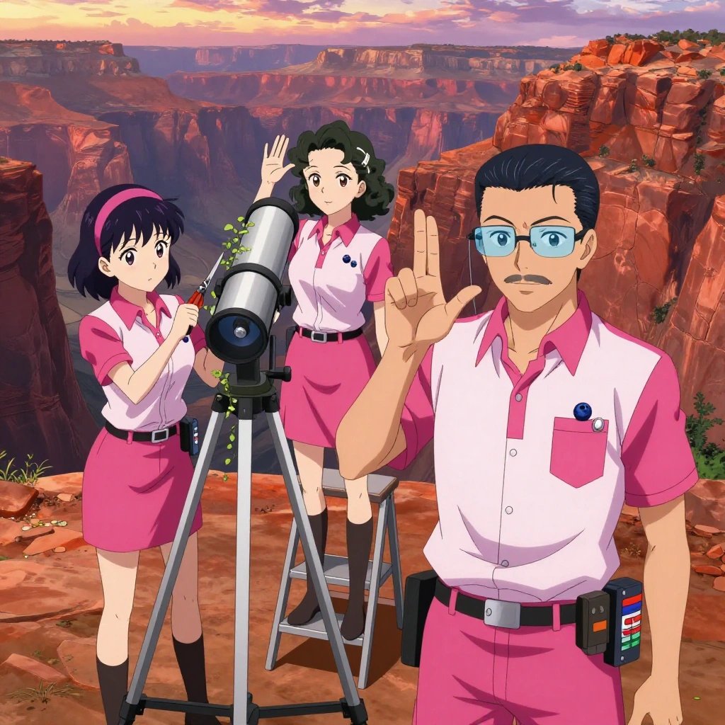 An anime scene showing exactly 3 characters gathered around a literal telescope in a wide canyon with layered red rock walls glowing at sunset. 1. a female anime character with a slim build, gentle features, no facial hair, hair in a bob with a headband, leaning in with shears, pruning dead growth around the telescope. 2. a female anime character with a smaller build, soft smile, no facial hair, hair in loose curls with a small hair clip, standing on a step stool, trellising a vine up the side of the telescope. 3. a male anime character with a fit, medium build, short slicked-back hair, light mustache, wearing a neatly buttoned work polo with a collared neck and buttoned cuffs, a utility belt with a small battery pack that connects to his eyeglasses, flat chest with no breasts, fingerspelling the letter B — flat hand with fingers together and thumb across palm, held up clearly, hands large and clearly visible in the foreground. All characters wear bright pink and white maintenance crew with a 1920s aesthetic. Each character wears two small lapel pins — one showing a tiny dark blue blueberry with a slight dusty bloom and one showing a tiny silver hex bolt. Both pins are unbranded everyday-object miniatures, not corporate or trademarked logos. One character wears a fedora. One character has signal reflector patch on the shoulder. Each character has a distinct pose tied to their task. No character waves at the camera. No character faces the viewer directly. No two characters share the same pose. The team is cultivating the telescope. Exactly 3 characters total in this scene — no more, no fewer. No male character wears a skirt, kilt, or apron over pants or formal shirts. NO TEXT anywhere in this image — no speech bubbles, no word bubbles, no labels, no signs, no writing of any kind. Anime style, vibrant colors, clean composition, cinematic lighting.