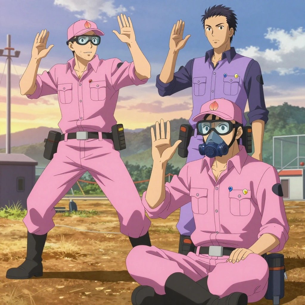 An anime scene showing exactly 2 characters gathered around a literal outpost in an open field at golden hour with distant mountains and dry grass. 1. a male anime character with a taller, athletic build, short hair, subtle facial hair, wearing a neatly buttoned-up collared shirt with sleeves rolled to the elbows, a utility belt with a small battery pack that connects to his eyeglasses, flat chest with no breasts, mid-stride, training hard on a course set up near the outpost. 2. a male anime character with a tall, lean build, short messy hair, clean-shaven, wearing a neatly pressed collared button-up with a vest over top, a utility belt with a small battery pack that connects to his eyeglasses, flat chest with no breasts, sitting cross-legged, practicing a difficult passage with full concentration. All characters wear pastel pink and lavender technical repair team with a vampire aesthetic. Each character wears two small lapel pins β one showing a tiny fuzzy peach with a single crease down one side and one showing a tiny silver thumbtack with a colored head (red, blue, or yellow). Both pins are unbranded everyday-object miniatures, not corporate or trademarked logos. One character wears a newsboy cap. One character has compact filtration mask clipped to the belt. Each character has a distinct pose tied to their task. No character waves at the camera. No character faces the viewer directly. No two characters share the same pose. The team is practicing the outpost. Exactly 2 characters total in this scene β no more, no fewer. No male character wears a skirt, kilt, or apron over pants or formal shirts. NO TEXT anywhere in this image β no speech bubbles, no word bubbles, no labels, no signs, no writing of any kind. Anime style, vibrant colors, clean composition, cinematic lighting.