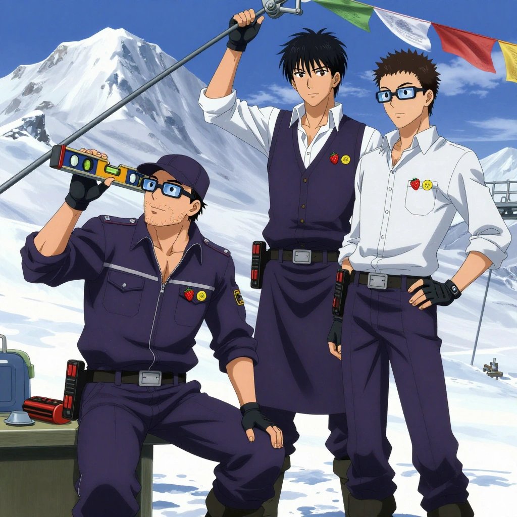 Exactly 2 characters in this scene. No people in background. No extras. No second figure. Count and anatomy must hold. An anime scene showing exactly 2 characters gathered around a literal ski lift in a snowy mountain peak with prayer flags waving in strong wind. 1. a male anime character with a broader, muscular build, short spiky hair, light stubble, wearing a neatly buttoned work shirt with epaulets and a zipped front, a utility belt with a small battery pack that connects to his eyeglasses, flat chest with no breasts, leaning against a workbench, checking the level of the ski lift's frame. 2. a male anime character with a tall, lean build, short messy hair, clean-shaven, wearing a neatly pressed collared button-up with a vest over top, a utility belt with a small battery pack that connects to his eyeglasses, flat chest with no breasts, standing at a small jig, assembling a component that will mount on the ski lift. All characters wear dark purple and silver fishing trawler crew with a top model aesthetic. Each character wears two small lapel pins — one showing a tiny red strawberry with green leaves, round and bright and one showing a tiny yellow tape measure coiled into a small circle. Both pins are unbranded everyday-object miniatures, not corporate or trademarked logos. One character wears a flat cap. One character has gloves with fingertip sensors. Each character has a distinct pose tied to their task. No character waves at the camera. No character faces the viewer directly. No two characters share the same pose. The team is building the ski lift. Exactly 2 characters total in this scene — no more, no fewer. No male character wears a skirt, kilt, or apron over pants or formal shirts. Every character has exactly 2 arms, 2 hands, 5 fingers per hand, 2 legs, 1 head, 1 torso. No extra arms, no missing arms, no extra fingers, no fused or merged characters, no characters sharing limbs, no arms emerging from the wrong character. NO TEXT anywhere in this image — no speech bubbles, no word bubbles, no labels, no signs, no writing of any kind. Anime style, vibrant colors, clean composition, cinematic lighting.
