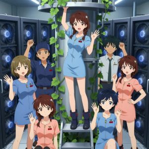 An anime scene showing exactly 1 characters gathered around a literal lookout tower in a high-tech server room humming with cooling fans and blue light. 1. a female anime character with a petite build, soft features, no facial hair, hair in twin braids with small flower clips, standing on a step stool, trellising a vine up the side of the lookout tower. All characters wear soft blue and peach technical repair team with a top model aesthetic. Each character wears two small lapel pins β one showing a pair of tiny red cherries joined by a slim green stem and one showing a tiny brass thumbtack with a flat head. Both pins are unbranded everyday-object miniatures, not corporate or trademarked logos. One character wears a baseball cap. One character has magnetized boot heels for steel surfaces. Each character has a distinct pose tied to their task. No character waves at the camera. No character faces the viewer directly. No two characters share the same pose. The team is cultivating the lookout tower. Exactly 1 characters total in this scene β no more, no fewer. No male character wears a skirt, kilt, or apron over pants or formal shirts. NO TEXT anywhere in this image β no speech bubbles, no word bubbles, no labels, no signs, no writing of any kind. Anime style, vibrant colors, clean composition, cinematic lighting.