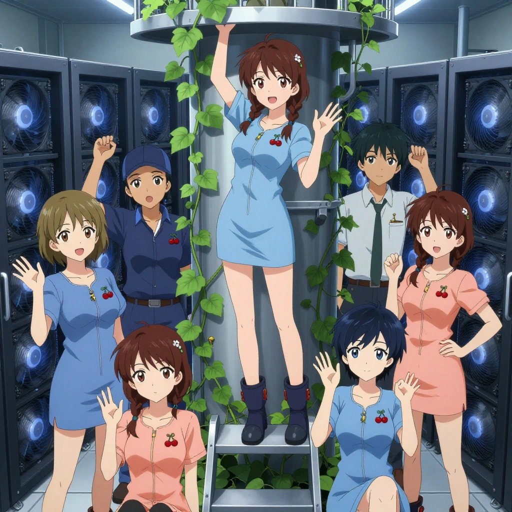 An anime scene showing exactly 1 characters gathered around a literal lookout tower in a high-tech server room humming with cooling fans and blue light. 1. a female anime character with a petite build, soft features, no facial hair, hair in twin braids with small flower clips, standing on a step stool, trellising a vine up the side of the lookout tower. All characters wear soft blue and peach technical repair team with a top model aesthetic. Each character wears two small lapel pins — one showing a pair of tiny red cherries joined by a slim green stem and one showing a tiny brass thumbtack with a flat head. Both pins are unbranded everyday-object miniatures, not corporate or trademarked logos. One character wears a baseball cap. One character has magnetized boot heels for steel surfaces. Each character has a distinct pose tied to their task. No character waves at the camera. No character faces the viewer directly. No two characters share the same pose. The team is cultivating the lookout tower. Exactly 1 characters total in this scene — no more, no fewer. No male character wears a skirt, kilt, or apron over pants or formal shirts. NO TEXT anywhere in this image — no speech bubbles, no word bubbles, no labels, no signs, no writing of any kind. Anime style, vibrant colors, clean composition, cinematic lighting.