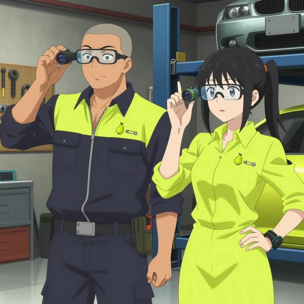 An anime scene showing 2 characters. 1. a male anime character with a broad-shouldered build, short buzz-cut hair, clean-shaven, wearing a neatly buttoned work coverall with a full-length zipper and snapped chest pocket, a utility belt with a small battery pack that connects to his eyeglasses, flat chest with no breasts 2. a female anime character with a slender build, youthful face, no facial hair, side ponytail with a ribbon All characters wear charcoal and neon yellow surveying team with a slumber party aesthetic. Each character wears two small lapel pins — one showing a tiny green pear with a brown stem and one showing a tiny silver safety pin closed into a loop. Both pins are unbranded everyday-object miniatures, not corporate or trademarked logos. One character wears a beanie. One character has wrist-mounted calibration scope. Only one character gestures — the others focus on their tasks without gesturing or pointing. Characters speak to devices, check readings, touch their own fingertips together to transmit data, and wear AR glasses. No character touches a keyboard or looks at a screen. No character waves at the camera. No character faces the viewer directly. The team is practicing a literal observatory in a mechanic's garage with tools organized on pegboards and cars on lifts. Exactly 2 characters in this scene — no more, no fewer. One performs with genuine expression, letting the music carry the emotion. One coaches a teammate on technique with constructive pointers. No male character wears a skirt, kilt, or apron over pants or formal shirts. Exactly 2 characters total. The image must contain precisely 2 characters.NO TEXT anywhere in this image — no speech bubbles, no word bubbles, no labels, no signs, no writing of any kind. Anime style, vibrant colors, clean composition, cinematic lighting.