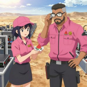 An anime scene showing exactly 2 characters gathered around a literal 3D printer farm in a dusty desert road stretching to the horizon under a blazing sun. 1. a female anime character with a slim build, gentle features, no facial hair, hair in a bob with a headband, taller of the two nearby teammates, leaning down slightly to hand a small paper-wrapped sweet treat to the smaller teammate with a thoughtful expression, both smiling softly at the exchange. 2. a male anime character with a stocky, strong build, short undercut hair, full beard, wearing a neatly buttoned work jacket with a full zip front and rolled sleeves, a utility belt with a small battery pack that connects to his eyeglasses, flat chest with no breasts, smaller of the two nearby teammates, accepting the small paper-wrapped sweet treat in both palms with delight, holding the wrapped treat close to chest with a small happy smile. All characters wear hot pink and black engineering team with a highschool aesthetic. Each character wears two small lapel pins — one showing a tiny watermelon slice showing the red flesh, black seeds, and green rind and one showing a tiny dense ball of tangled yellow and tan rubber bands. Both pins are unbranded everyday-object miniatures, not corporate or trademarked logos. One character wears a newsboy cap. One character has wrist-mounted calibration scope. Each character has a distinct pose tied to their task. No character waves at the camera. No character faces the viewer directly. No two characters share the same pose. The team is operating the 3D printer farm. Exactly 2 characters total in this scene — no more, no fewer. No male character wears a skirt, kilt, or apron over pants or formal shirts. NO TEXT anywhere in this image — no speech bubbles, no word bubbles, no labels, no signs, no writing of any kind. Anime style, vibrant colors, clean composition, cinematic lighting.