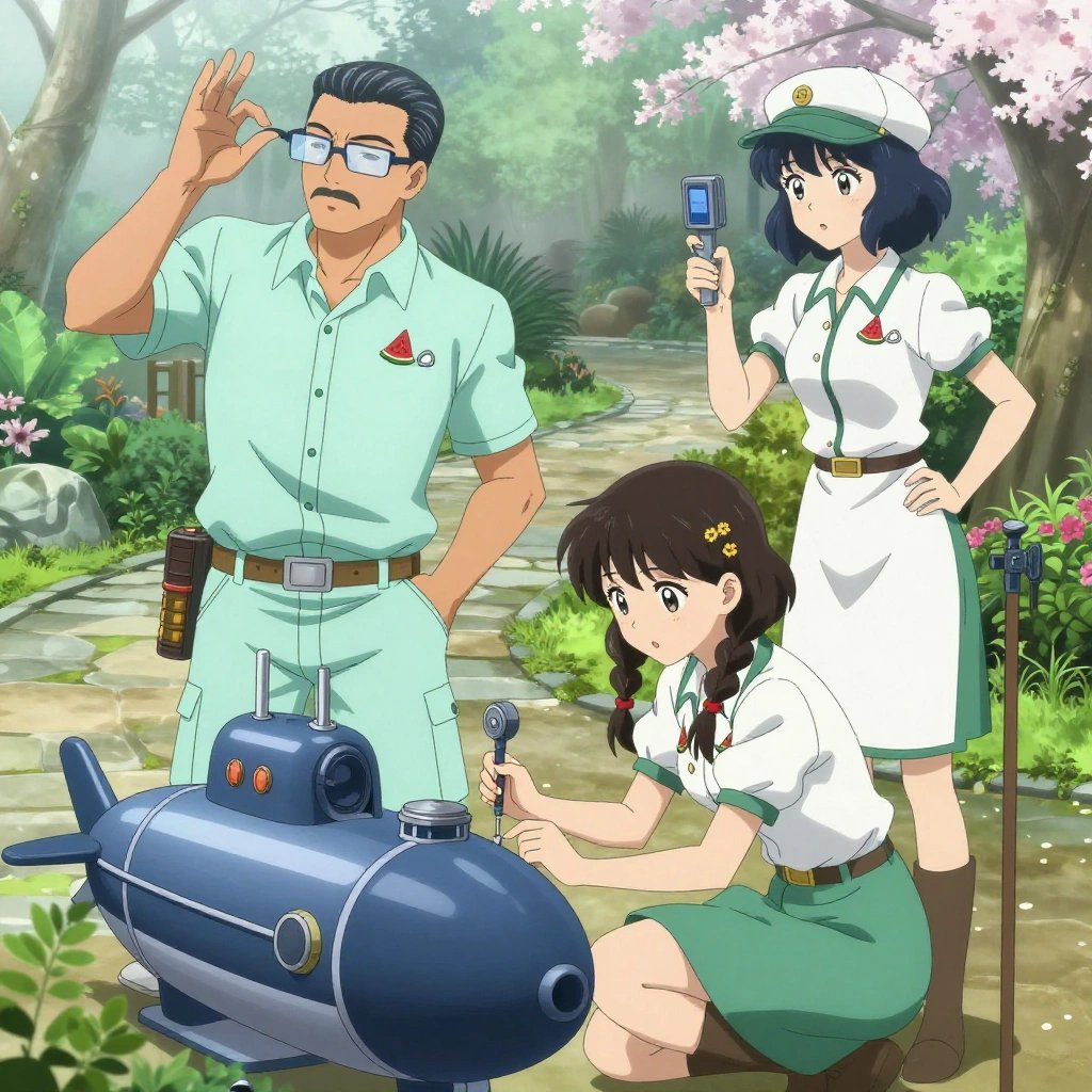 An anime scene showing exactly 3 characters gathered around a literal submarine in a botanical garden at peak bloom with stone pathways and morning mist. 1. a male anime character with a fit, medium build, short slicked-back hair, light mustache, wearing a neatly buttoned work polo with a collared neck and buttoned cuffs, a utility belt with a small battery pack that connects to his eyeglasses, flat chest with no breasts, twisting a dial on a sensor clipped to the submarine, watching for the target value. 2. a female anime character with a petite build, soft features, no facial hair, hair in twin braids with small flower clips, kneeling to verify the submarine's base dimensions with a precision tool. 3. a female anime character with a slim build, delicate face, no facial hair, short wavy hair with a hair pin, holding a calibrated instrument up to the submarine, eyes on the readout. All characters wear soft mint and white hazardous disposal team with a renaissance aesthetic. Each character wears two small lapel pins — one showing a tiny watermelon slice showing the red flesh, black seeds, and green rind and one showing a tiny silver safety pin closed into a loop. Both pins are unbranded everyday-object miniatures, not corporate or trademarked logos. One character wears a newsboy cap. One character has magnetic screwdriver wristband. Each character has a distinct pose tied to their task. No character waves at the camera. No character faces the viewer directly. No two characters share the same pose. The team is measuring the submarine. Exactly 3 characters total in this scene — no more, no fewer. No male character wears a skirt, kilt, or apron over pants or formal shirts. NO TEXT anywhere in this image — no speech bubbles, no word bubbles, no labels, no signs, no writing of any kind. Anime style, vibrant colors, clean composition, cinematic lighting.