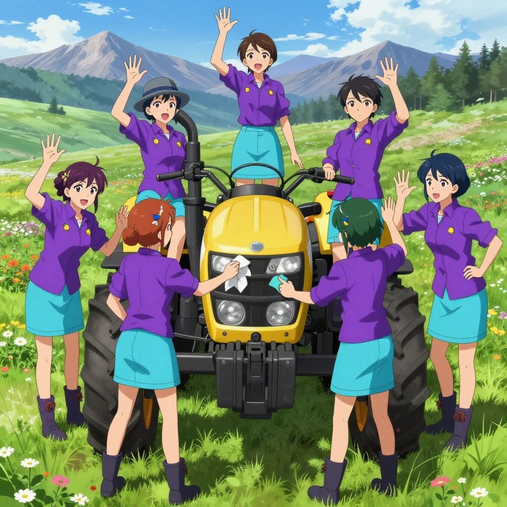 Exactly 1 characters in this scene. No people in background. No extras. No second figure. Count and anatomy must hold. An anime scene showing exactly 1 characters gathered around a literal tractor in a high alpine meadow in full summer bloom with mountain peaks beyond. 1. a female anime character with a small build, no facial hair, hair in a bun with a decorative pin, wearing a skirt, standing back with a rag and solvent, cleaning a critical part of the tractor. All characters wear electric purple and cyan maintenance crew with a yellow aesthetic. Each character wears two small lapel pins — one showing a tiny yellow lemon with a small green leaf attached and one showing a tiny silver thumbtack with a colored head (red, blue, or yellow). Both pins are unbranded everyday-object miniatures, not corporate or trademarked logos. One character wears a fedora. One character has magnetized boot heels for steel surfaces. Each character has a distinct pose tied to their task. No character waves at the camera. No character faces the viewer directly. No two characters share the same pose. The team is repairing the tractor. Exactly 1 characters total in this scene — no more, no fewer. No male character wears a skirt, kilt, or apron over pants or formal shirts. Every character has exactly 2 arms, 2 hands, 5 fingers per hand, 2 legs, 1 head, 1 torso. No extra arms, no missing arms, no extra fingers, no fused or merged characters, no characters sharing limbs, no arms emerging from the wrong character. NO TEXT anywhere in this image — no speech bubbles, no word bubbles, no labels, no signs, no writing of any kind. Anime style, vibrant colors, clean composition, cinematic lighting.