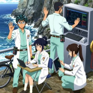 An anime scene showing exactly 4 characters gathered around a literal ski lift in a rocky coastline with waves crashing against dark stone cliffs. 1. a male anime character with a taller, athletic build, short hair, subtle facial hair, wearing a neatly buttoned-up collared shirt with sleeves rolled to the elbows, a utility belt with a small battery pack that connects to his eyeglasses, flat chest with no breasts, standing at a rolling cart, watching a deployment dashboard for anomalies. 2. a male anime character with a tall, sturdy build, short side-part hair, light goatee, wearing a neatly buttoned collared work shirt with sleeves rolled up, a utility belt with a small battery pack that connects to his eyeglasses, flat chest with no breasts, stepping back from a humming rack, monitoring the cluster's training metrics. 3. a female anime character with a small build, round face, no facial hair, hair in a high ponytail with a bow, sitting at a small folding desk, writing and testing notebook-sized code. 4. a female anime character with a slender build, youthful face, no facial hair, side ponytail with a ribbon, crouching beside an open panel, tracing a cable to find a flaky link. All characters wear soft mint and white medical team (white lab coats) with a business person aesthetic. Each character wears two small lapel pins — one showing a tiny apple slice showing the star pattern of seeds in the middle and one showing a small everyday-object miniature. Both pins are un