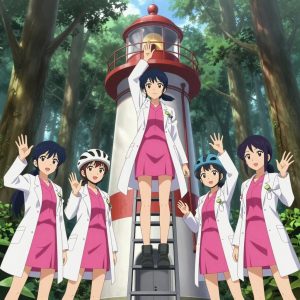 Exactly 1 characters in this scene. No people in background. No extras. No second figure. Count and anatomy must hold. An anime scene showing exactly 1 characters gathered around a literal lighthouse in an old-growth forest with shafts of light cutting through the canopy. 1. a female anime character with a slender build, youthful face, no facial hair, side ponytail with a ribbon, stepping on a small ladder, recalibrating the top section of the lighthouse. All characters wear bright pink and white medical team (white lab coats) with a retro style aesthetic. Each character wears two small lapel pins β one showing a tiny lime wedge showing the green rind and pale flesh and one showing a tiny silver paperclip. Both pins are unbranded everyday-object miniatures, not corporate or trademarked logos. One character wears a bicycle helmet. One character has calibrated ankle strap for terrain mapping. Each character has a distinct pose tied to their task. No character waves at the camera. No character faces the viewer directly. No two characters share the same pose. The team is repairing the lighthouse. Exactly 1 characters total in this scene β no more, no fewer. No male character wears a skirt, kilt, or apron over pants or formal shirts. Every character has exactly 2 arms, 2 hands, 5 fingers per hand, 2 legs, 1 head, 1 torso. No extra arms, no missing arms, no extra fingers, no fused or merged characters, no characters sharing limbs, no arms emerging from the wrong character. NO TEXT anywhere in this image β no speech bubbles, no word bubbles, no labels, no signs, no writing of any kind. Anime style, vibrant colors, clean composition, cinematic lighting.