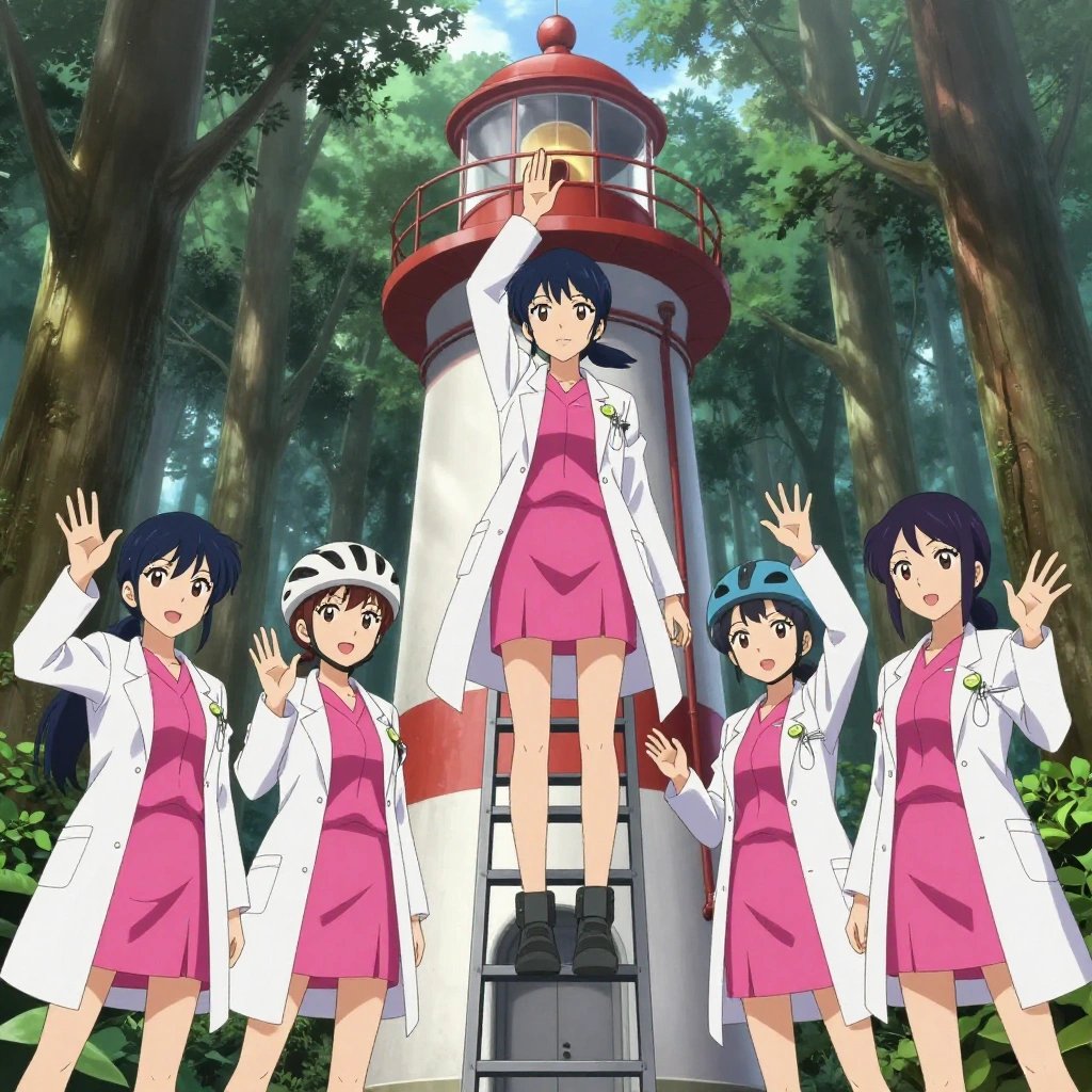 Exactly 1 characters in this scene. No people in background. No extras. No second figure. Count and anatomy must hold. An anime scene showing exactly 1 characters gathered around a literal lighthouse in an old-growth forest with shafts of light cutting through the canopy. 1. a female anime character with a slender build, youthful face, no facial hair, side ponytail with a ribbon, stepping on a small ladder, recalibrating the top section of the lighthouse. All characters wear bright pink and white medical team (white lab coats) with a retro style aesthetic. Each character wears two small lapel pins — one showing a tiny lime wedge showing the green rind and pale flesh and one showing a tiny silver paperclip. Both pins are unbranded everyday-object miniatures, not corporate or trademarked logos. One character wears a bicycle helmet. One character has calibrated ankle strap for terrain mapping. Each character has a distinct pose tied to their task. No character waves at the camera. No character faces the viewer directly. No two characters share the same pose. The team is repairing the lighthouse. Exactly 1 characters total in this scene — no more, no fewer. No male character wears a skirt, kilt, or apron over pants or formal shirts. Every character has exactly 2 arms, 2 hands, 5 fingers per hand, 2 legs, 1 head, 1 torso. No extra arms, no missing arms, no extra fingers, no fused or merged characters, no characters sharing limbs, no arms emerging from the wrong character. NO TEXT anywhere in this image — no speech bubbles, no word bubbles, no labels, no signs, no writing of any kind. Anime style, vibrant colors, clean composition, cinematic lighting.