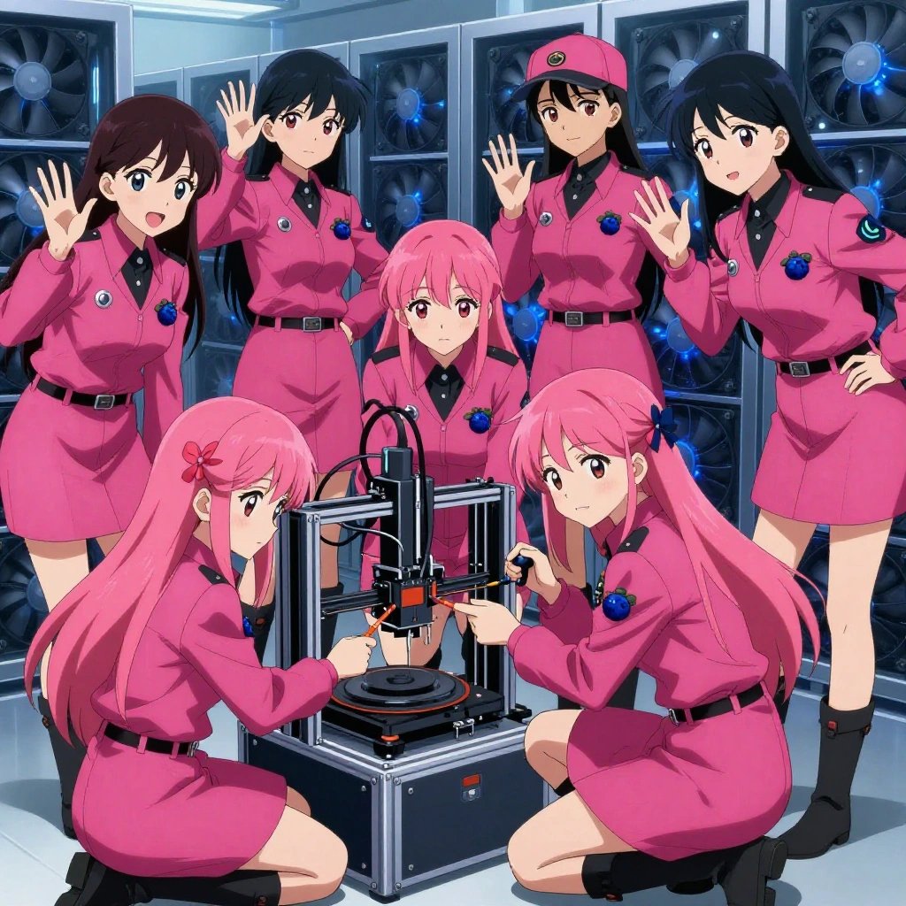 An anime scene showing exactly 1 characters gathered around a literal 3D printer farm in a high-tech server room humming with cooling fans and blue light. 1. a female anime character with a smaller build, cute face, no facial hair, long hair with a ribbon tied at the end, kneeling to verify the 3D printer farm's base dimensions with a precision tool. All characters wear hot pink and black hazardous disposal team with a rococo aesthetic. Each character wears two small lapel pins — one showing a tiny dark blue blueberry with a slight dusty bloom and one showing a tiny silver hex nut. Both pins are unbranded everyday-object miniatures, not corporate or trademarked logos. One character wears a newsboy cap. One character has signal reflector patch on the shoulder. Each character has a distinct pose tied to their task. No character waves at the camera. No character faces the viewer directly. No two characters share the same pose. The team is measuring the 3D printer farm. Exactly 1 characters total in this scene — no more, no fewer. No male character wears a skirt, kilt, or apron over pants or formal shirts. NO TEXT anywhere in this image — no speech bubbles, no word bubbles, no labels, no signs, no writing of any kind. Anime style, vibrant colors, clean composition, cinematic lighting.