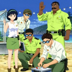 An anime scene showing exactly 4 characters gathered around a literal greenhouse in a beachside boardwalk at twilight with string lights and warm sand. 1. a female anime character with a slim build, gentle features, no facial hair, hair in a bob with a headband, holding a syringe with a precise dose, steady and focused. 2. a male anime character with a lean, wiry build, short wavy hair, clean-shaven, wearing a neatly buttoned utility shirt with a buttoned collar and chest pockets snapped shut, a utility belt with a small battery pack that connects to his eyeglasses, flat chest with no breasts, leaning in with a stethoscope, performing a careful examination. 3. a male anime character with a broader, muscular build, short spiky hair, light stubble, wearing a neatly buttoned work shirt with epaulets and a zipped front, a utility belt with a small battery pack that connects to his eyeglasses, flat chest with no breasts, crouched beside a monitor, watching vital signs on the screen. 4. a male anime character with a tall, rugged build, short dreadlock hair, thick mustache, wearing a neatly buttoned utility jacket with a mandarin collar and two chest pockets, a utility belt with a small battery pack that connects to his eyeglasses, flat chest with no breasts, kneeling at a small field kit, carefully cleaning and dressing a wound. All characters wear fresh lime and white engineering team with a patterns aesthetic. Each character wears two small lapel pins β one showing a tiny round tangerine with a small dimpled peel texture and one showing a tiny yellow tape measure coiled into a small circle. Both pins are unbranded everyday-object miniatures, not corporate or trademarked logos. One character wears a flat cap. One character has utility sheathes on the belt for hand tools. Each character has a distinct pose tied to their task. No character waves at the camera. No character faces the viewer directly. No two characters share the same pose. The team is treating the greenhouse. Exactly 4 characters total in this scene β no more, no fewer. No male character wears a skirt, kilt, or apron over pants or formal shirts. NO TEXT anywhere in this image β no speech bubbles, no word bubbles, no labels, no signs, no writing of any kind. Anime style, vibrant colors, clean composition, cinematic lighting.