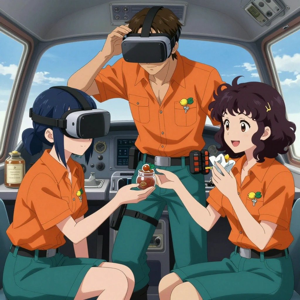 An anime scene showing exactly 3 characters gathered around a literal VR headset prototype in a small airplane cockpit with instruments and blue sky beyond the windscreen. 1. a male anime character with a lean, wiry build, short wavy hair, clean-shaven, wearing a neatly buttoned utility shirt with a buttoned collar and chest pockets snapped shut, a utility belt with a small battery pack that connects to his eyeglasses, flat chest with no breasts, taller of the two nearby teammates, leaning down slightly to hand a small paper-wrapped sweet treat to the smaller teammate with a thoughtful expression, both smiling softly at the exchange. 2. a female anime character with a slender build, youthful face, no facial hair, side ponytail with a ribbon, crouched beside a small labeled jar, watching a slow simmer with patient focus. 3. a female anime character with a smaller build, soft smile, no facial hair, hair in loose curls with a small hair clip, smaller of the two nearby teammates, accepting the small paper-wrapped sweet treat in both palms with delight, holding the wrapped treat close to chest with a small happy smile. All characters wear vibrant orange and teal fishing trawler crew with a gothic romance aesthetic. Each character wears two small lapel pins — one showing a tiny yellow lemon with a small green leaf attached and one showing a tiny silver key blank with a simple round bow. Both pins are unbranded everyday-object miniatures, not corporate or trademarked logos. One character wears a beanie. One character has magnetic screwdriver wristband. Each character has a distinct pose tied to their task. No character waves at the camera. No character faces the viewer directly. No two characters share the same pose. The team is treating the VR headset prototype. Exactly 3 characters total in this scene — no more, no fewer. No male character wears a skirt, kilt, or apron over pants or formal shirts. NO TEXT anywhere in this image — no speech bubbles, no word bubbles, no labels, no signs, no writing of any kind. Anime style, vibrant colors, clean composition, cinematic lighting.
