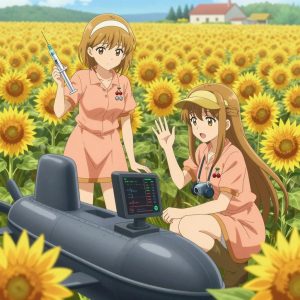 Exactly 2 characters in this scene. No people in background. No extras. No second figure. Count and anatomy must hold. An anime scene showing exactly 2 characters gathered around a literal submarine in a sunflower field extending to a farmstead on the horizon. 1. a female anime character with a slim build, gentle features, no facial hair, hair in a bob with a headband, holding a syringe with a precise dose, steady and focused. 2. a female anime character with a petite build, expressive eyes, no facial hair, long straight hair with a ribbon headband, crouched beside a monitor, watching vital signs on the screen. All characters wear warm peach and gold field research team with a elements aesthetic. Each character wears two small lapel pins β one showing a pair of tiny red cherries joined by a slim green stem and one showing a tiny silver hex nut. Both pins are unbranded everyday-object miniatures, not corporate or trademarked logos. One character wears a flat cap. One character has compact respirator hanging from a carabiner. Each character has a distinct pose tied to their task. No character waves at the camera. No character faces the viewer directly. No two characters share the same pose. The team is treating the submarine. Exactly 2 characters total in this scene β no more, no fewer. No male character wears a skirt, kilt, or apron over pants or formal shirts. Every character has exactly 2 arms, 2 hands, 5 fingers per hand, 2 legs, 1 head, 1 torso. No extra arms, no missing arms, no extra fingers, no fused or merged characters, no characters sharing limbs, no arms emerging from the wrong character. NO TEXT anywhere in this image β no speech bubbles, no word bubbles, no labels, no signs, no writing of any kind. Anime style, vibrant colors, clean composition, cinematic lighting.
