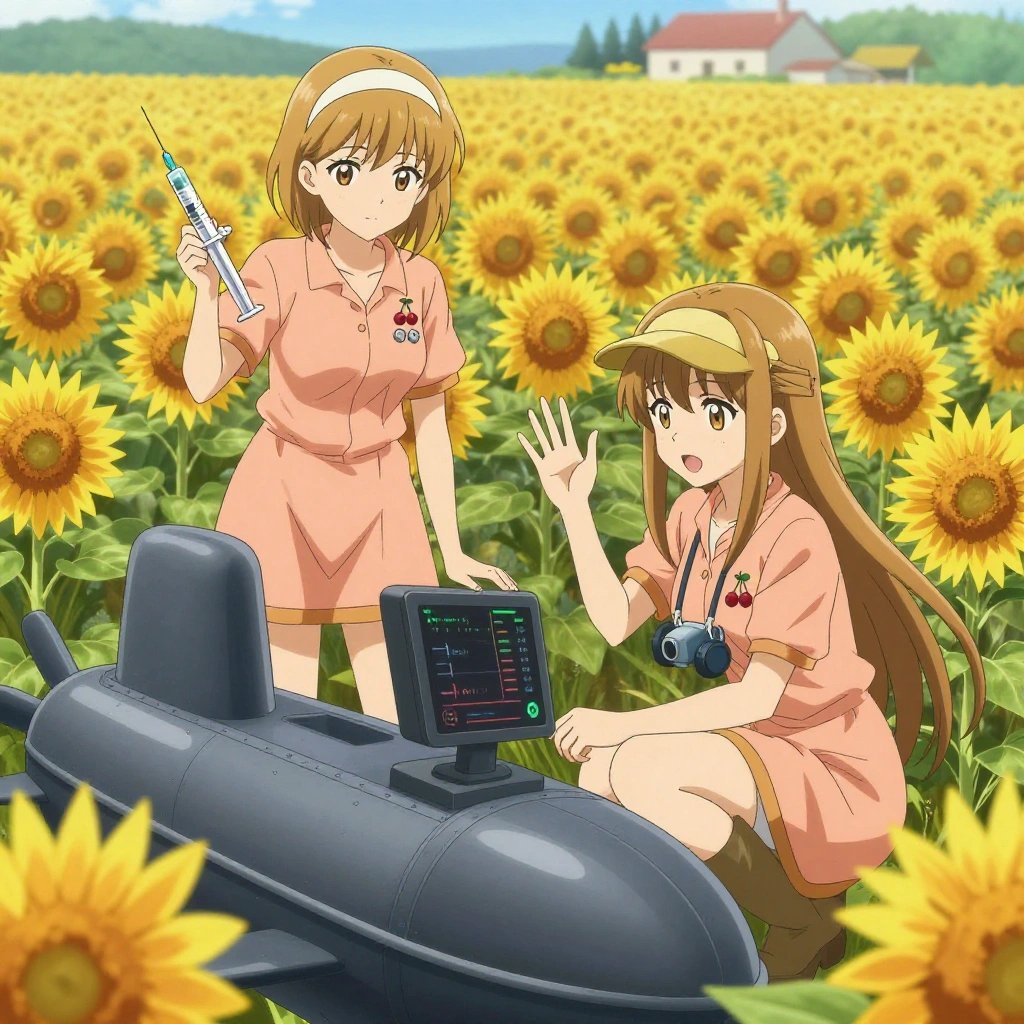 Exactly 2 characters in this scene. No people in background. No extras. No second figure. Count and anatomy must hold. An anime scene showing exactly 2 characters gathered around a literal submarine in a sunflower field extending to a farmstead on the horizon. 1. a female anime character with a slim build, gentle features, no facial hair, hair in a bob with a headband, holding a syringe with a precise dose, steady and focused. 2. a female anime character with a petite build, expressive eyes, no facial hair, long straight hair with a ribbon headband, crouched beside a monitor, watching vital signs on the screen. All characters wear warm peach and gold field research team with a elements aesthetic. Each character wears two small lapel pins — one showing a pair of tiny red cherries joined by a slim green stem and one showing a tiny silver hex nut. Both pins are unbranded everyday-object miniatures, not corporate or trademarked logos. One character wears a flat cap. One character has compact respirator hanging from a carabiner. Each character has a distinct pose tied to their task. No character waves at the camera. No character faces the viewer directly. No two characters share the same pose. The team is treating the submarine. Exactly 2 characters total in this scene — no more, no fewer. No male character wears a skirt, kilt, or apron over pants or formal shirts. Every character has exactly 2 arms, 2 hands, 5 fingers per hand, 2 legs, 1 head, 1 torso. No extra arms, no missing arms, no extra fingers, no fused or merged characters, no characters sharing limbs, no arms emerging from the wrong character. NO TEXT anywhere in this image — no speech bubbles, no word bubbles, no labels, no signs, no writing of any kind. Anime style, vibrant colors, clean composition, cinematic lighting.