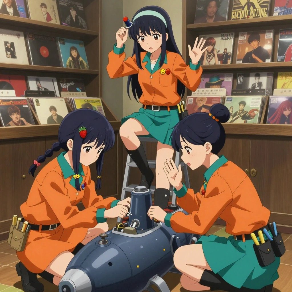 Exactly 3 characters in this scene. No people in background. No extras. No second figure. Count and anatomy must hold. An anime scene showing exactly 3 characters gathered around a literal submarine in a vintage record store filled with colorful album spines. 1. a female anime character with a petite build, expressive eyes, no facial hair, long straight hair with a ribbon headband, stepping on a small ladder, recalibrating the top section of the submarine. 2. a female anime character with a petite build, soft features, no facial hair, hair in twin braids with small flower clips, kneeling beside the submarine, replacing a worn component with a fresh part. 3. a female anime character with a small build, no facial hair, hair in a bun with a decorative pin, wearing a skirt, leaning in close, listening to the submarine catch and hum to diagnose the fault. All characters wear vibrant orange and teal hazardous disposal team with a country side aesthetic. Each character wears two small lapel pins — one showing a tiny red strawberry with green leaves, round and bright and one showing a tiny round-headed pushpin in a bright color. Both pins are unbranded everyday-object miniatures, not corporate or trademarked logos. One character wears a top hat. One character has utility sheathes on the belt for hand tools. Each character has a distinct pose tied to their task. No character waves at the camera. No character faces the viewer directly. No two characters share the same pose. The team is repairing the submarine. Exactly 3 characters total in this scene — no more, no fewer. No male character wears a skirt, kilt, or apron over pants or formal shirts. Every character has exactly 2 arms, 2 hands, 5 fingers per hand, 2 legs, 1 head, 1 torso. No extra arms, no missing arms, no extra fingers, no fused or merged characters, no characters sharing limbs, no arms emerging from the wrong character. NO TEXT anywhere in this image — no speech bubbles, no word bubbles, no labels, no signs, no writing of any kind. Anime style, vibrant colors, clean composition, cinematic lighting.